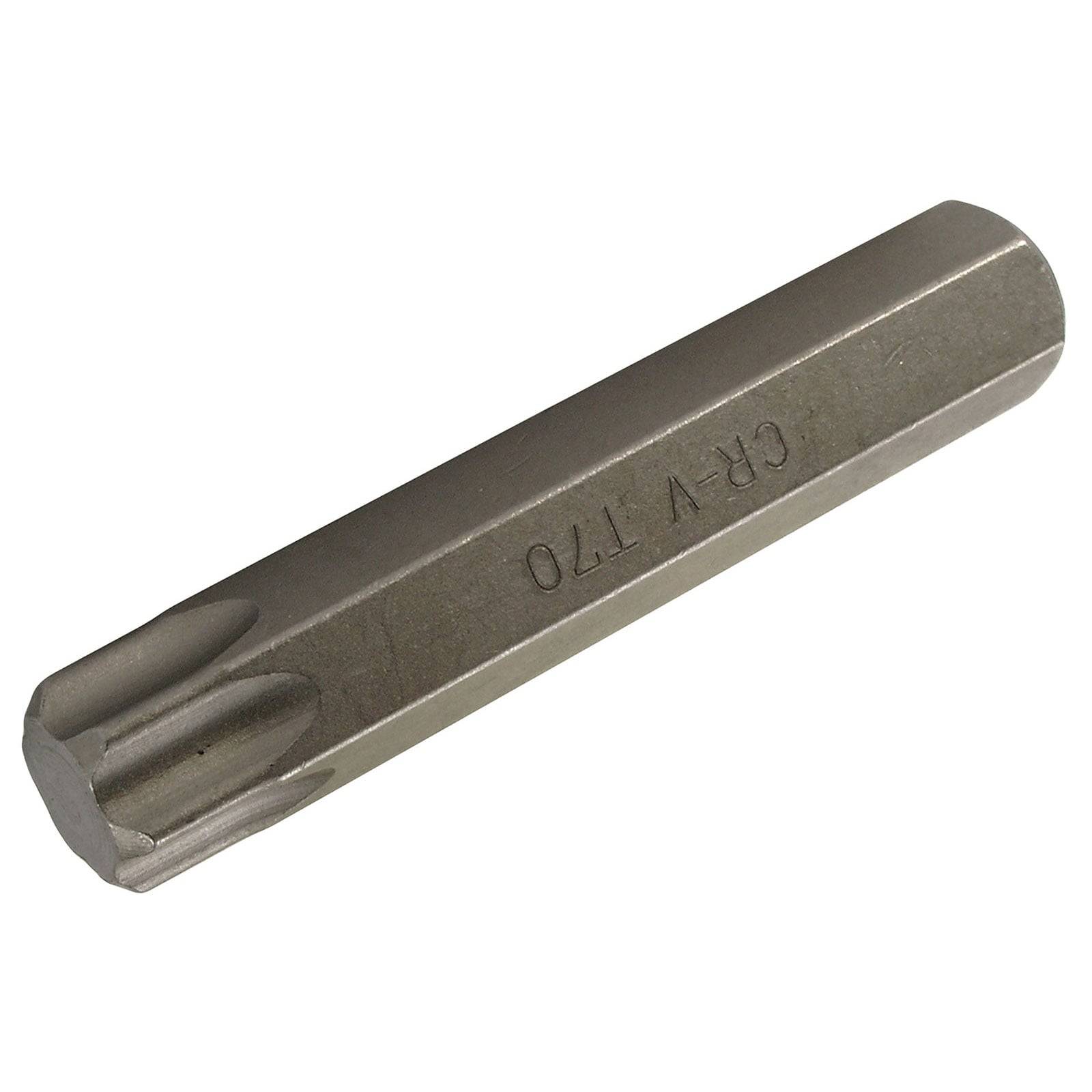 Ein Stahlbit im Torx-Format, sechseckige Sternform, beschriftet mit 'CR-V T70', verwendet zum Eindrehen von Schrauben mit passenden Köpfen.