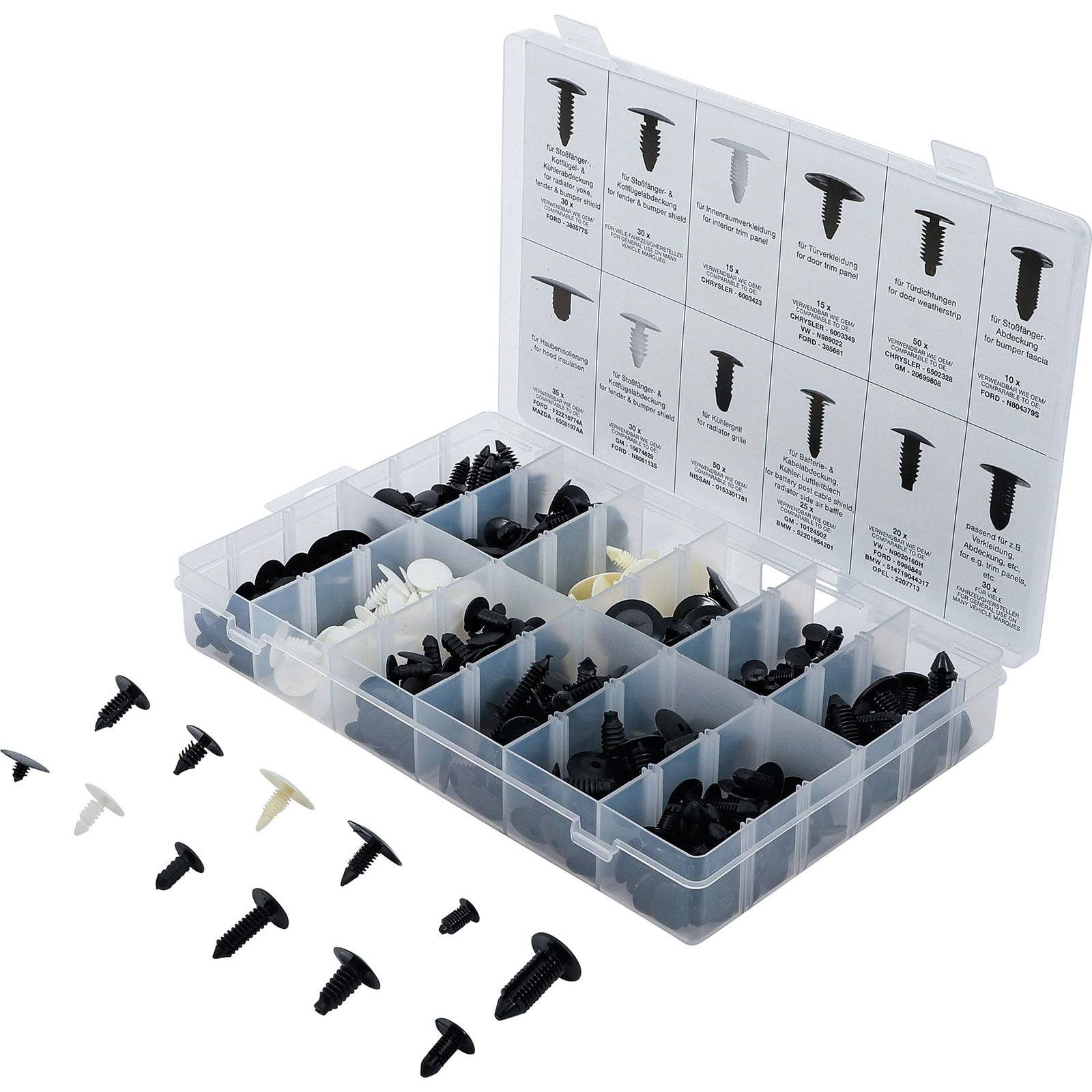 Eine Kunststoff-Aufbewahrungsbox mit verschiedenen Größen und Typen von schwarzen und weißen Befestigungselementen für Kraftfahrzeuge, wobei einige außerhalb der Box ausgelegt sind.