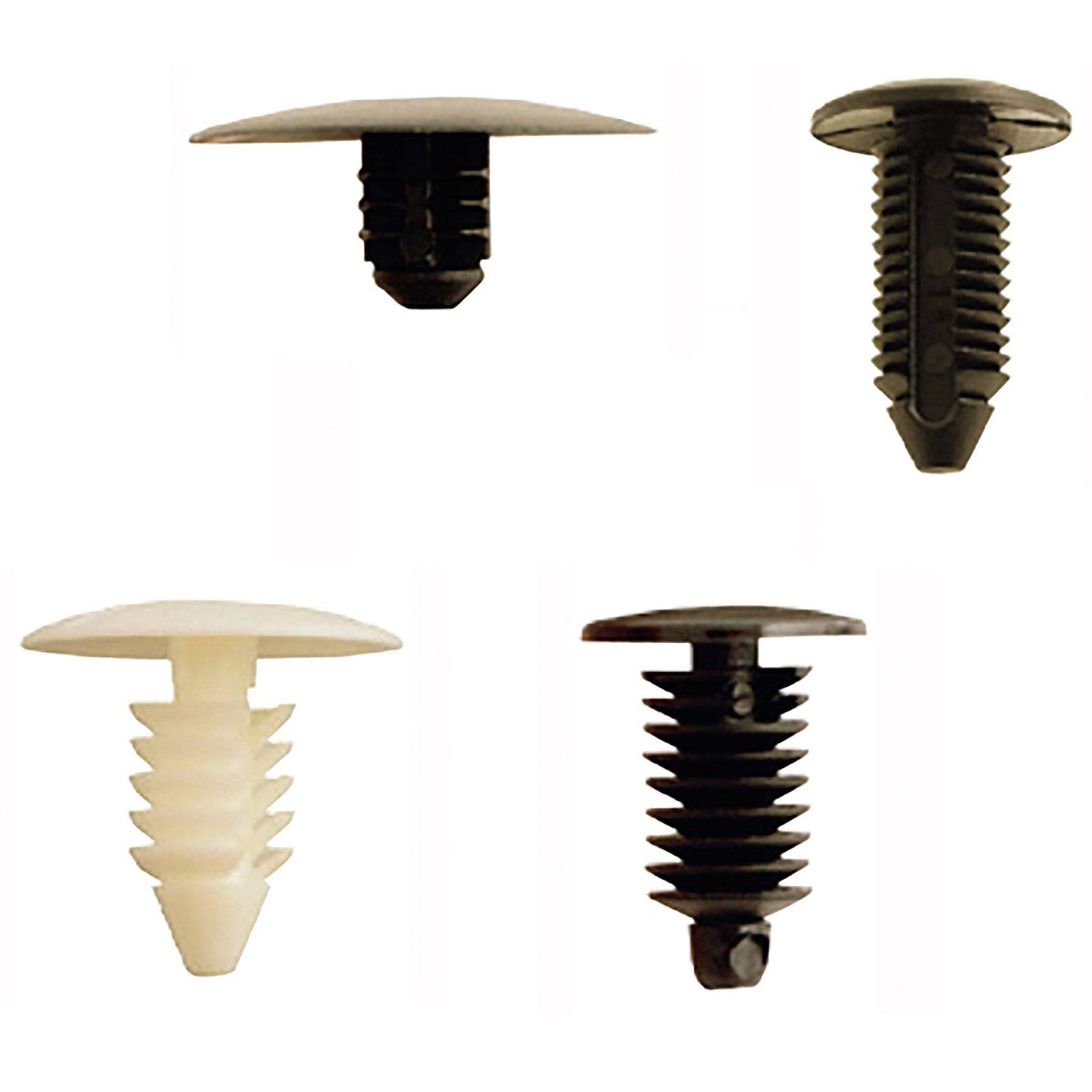 Vier Kunststoffbefestigungen: zwei schwarze, zwei weiße, mit unterschiedlichen Schraubengewindedesigns, zum Befestigen von Materialien oder Platten.