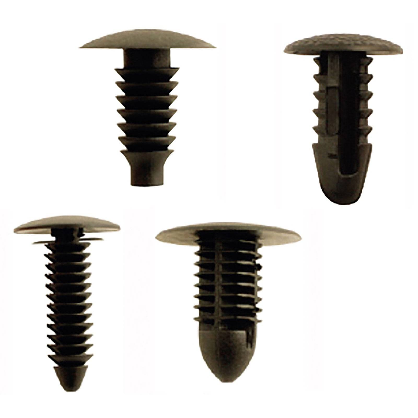 Vier schwarze Kunststoff-Drucknieten in verschiedenen Größen, aus unterschiedlichen Blickwinkeln dargestellt; zum Befestigen von Materialien verwendet.