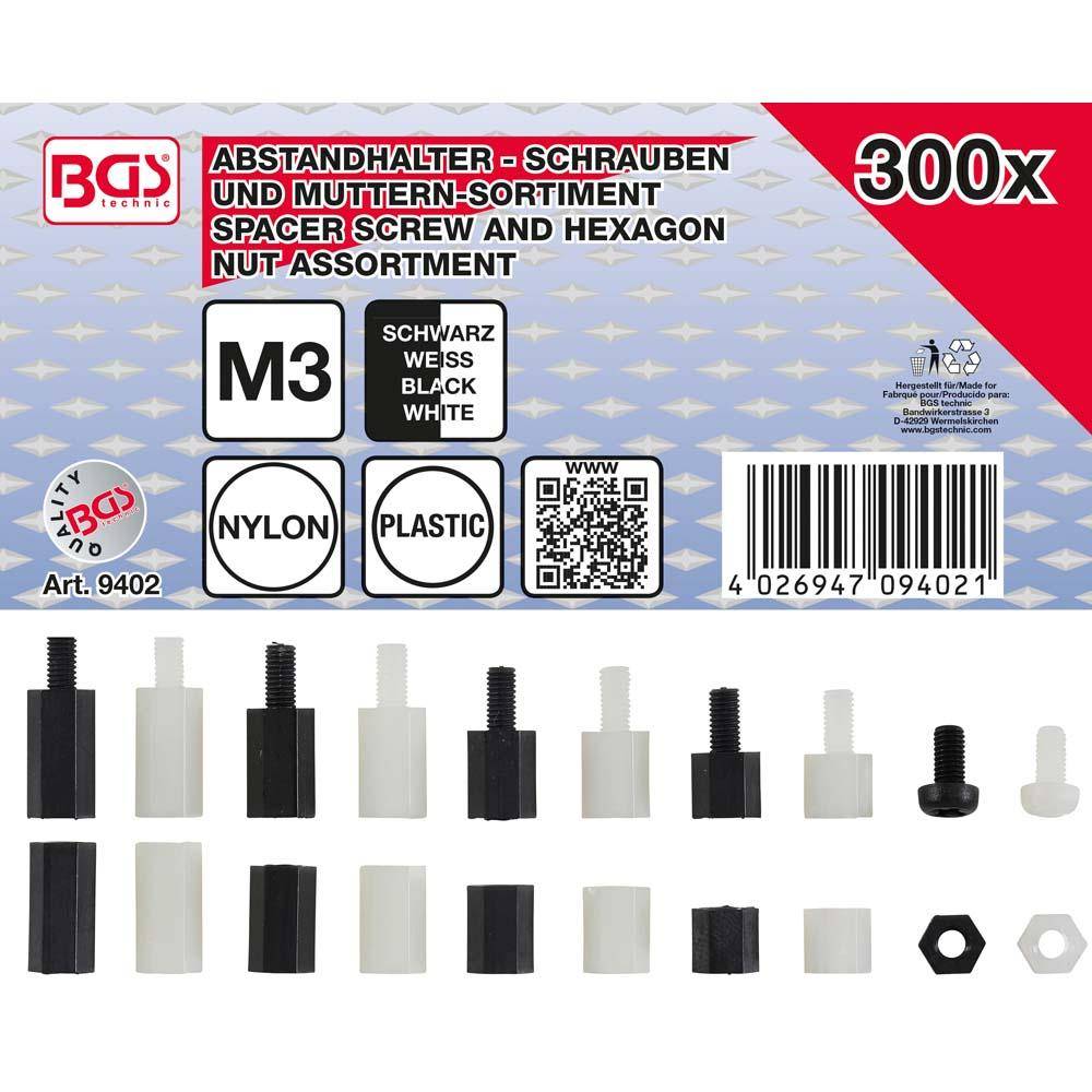 Paket mit 300 M3-Abstandsschrauben und Sechskantmuttern in schwarzem und weißem Kunststoff/Nylon, mit Produktetiketten, QR-Code und Strichcode; Beispielteile werden nachfolgend angezeigt.