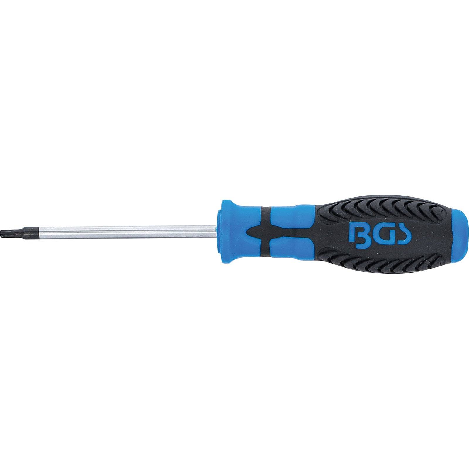 Ein Schraubendreher mit blau-schwarzem Griff, ausgestattet mit einer langen Metallschaftachse und einer flachen Spitze, der zum Eindrehen von Schrauben entwickelt wurde.