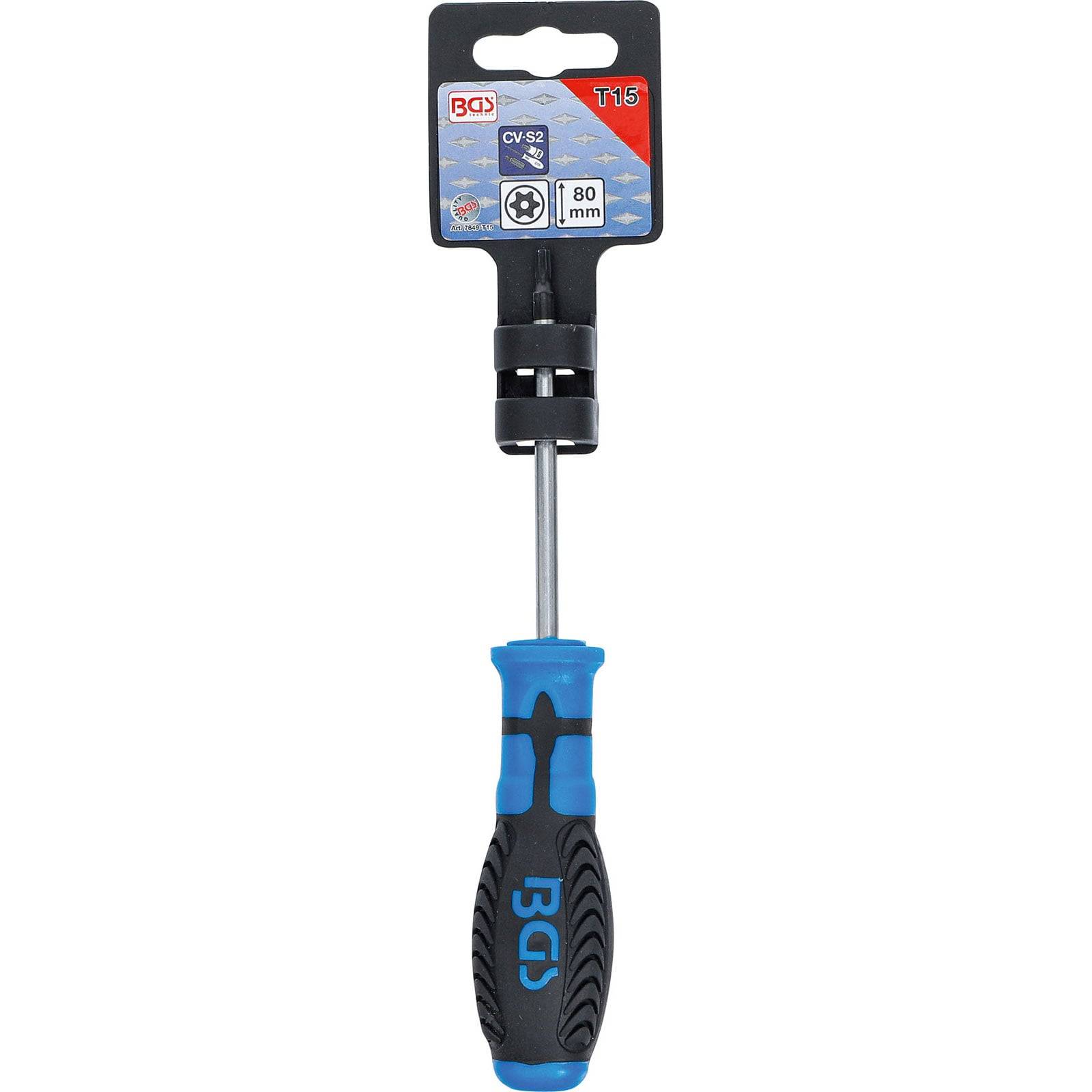 Ein Schraubendreher mit einem ergonomischen Griff in Blau und Schwarz und einer 80 mm langen Schaft aus Chrom-Vanadium-Stahl. Die Verpackung zeigt das Markenlogo und die Größe T15.