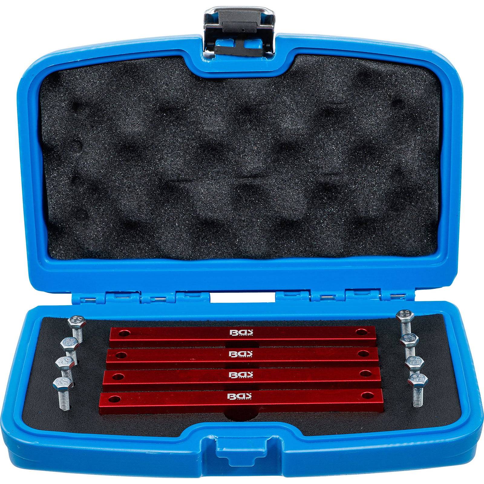 Ein blauer Koffer mit Schaumstoffeinsatz enthält rote Ausrichtungsbalken und Schrauben, die für automotive Ausrichtungsaufgaben verwendet werden.