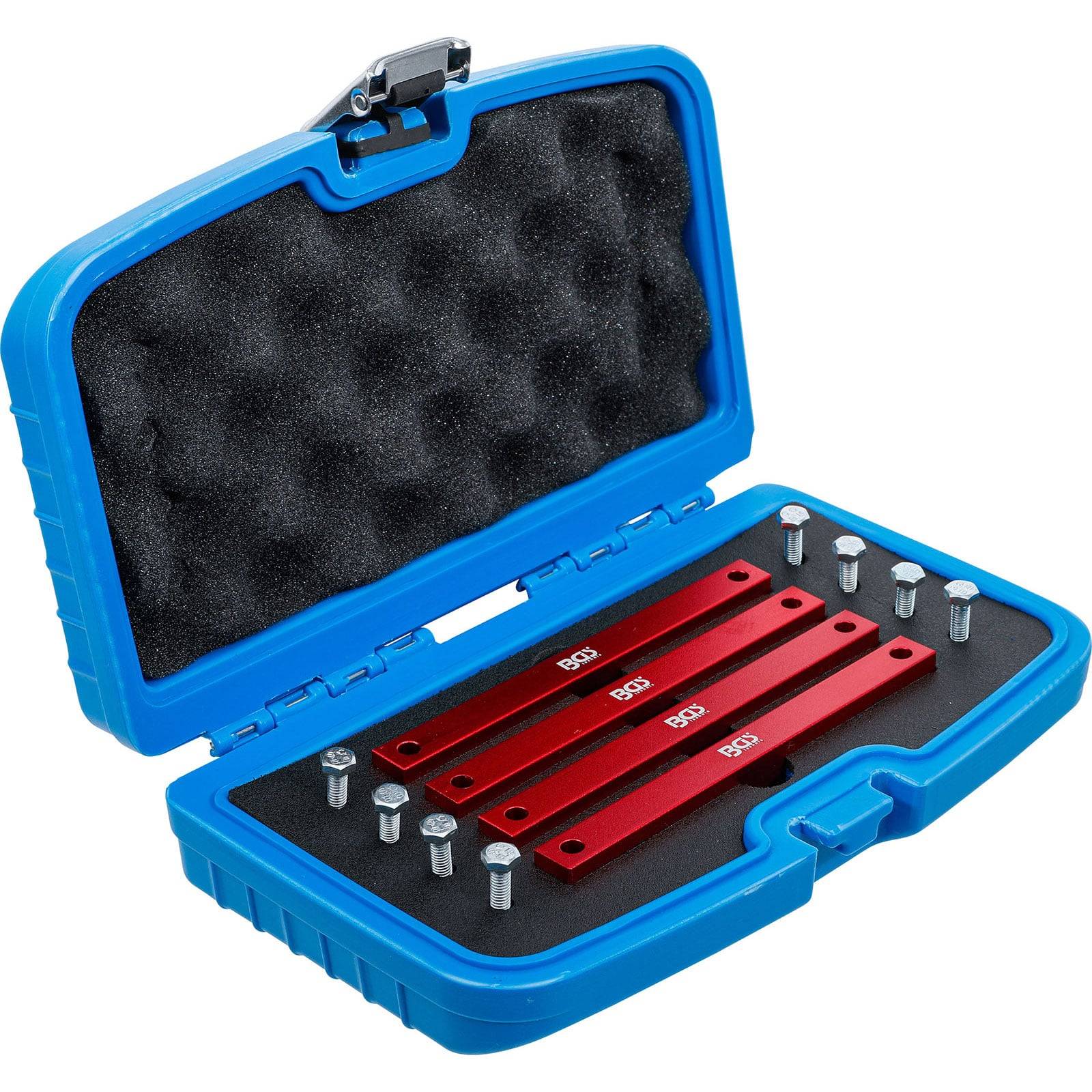 Eine blaue Aufbewahrungsbox mit Schaumstoffauskleidung enthält rote Metallstangen mit der Beschriftung 