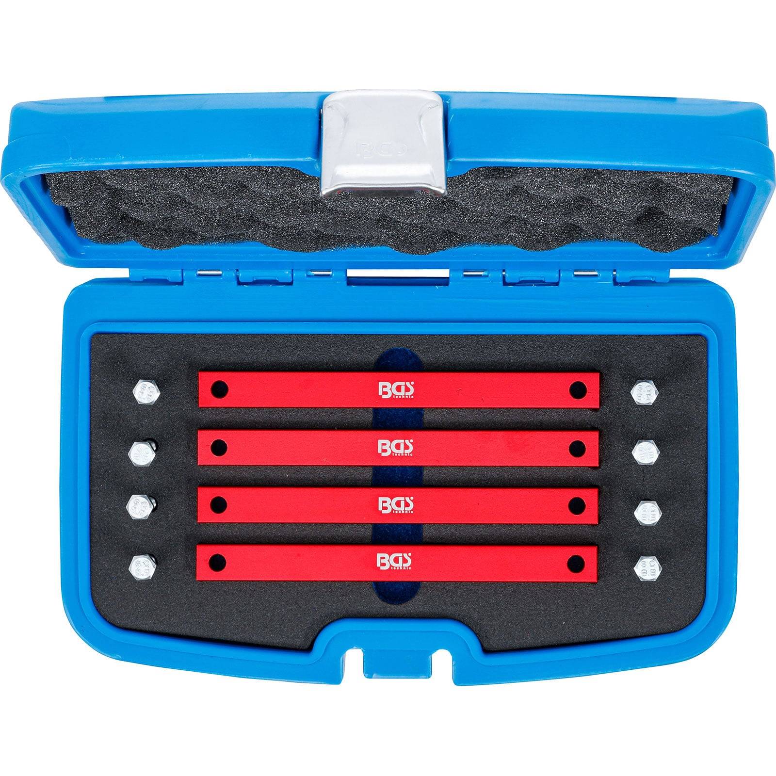 Satz von fünf roten Hebeln mit sechseckigen Köpfen in einem blau ausgeschlagenen Schaumstoffkoffer, verwendet für Automobil- oder mechanische Arbeiten.