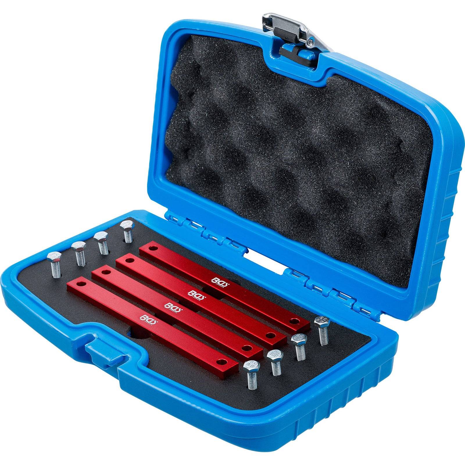 Ein blauer Koffer, der vier rote Metallstangen mit der Aufschrift '90°' und acht silberne Schrauben enthält, die für Holzarbeiten oder Konstruktionsjustierung verwendet werden.