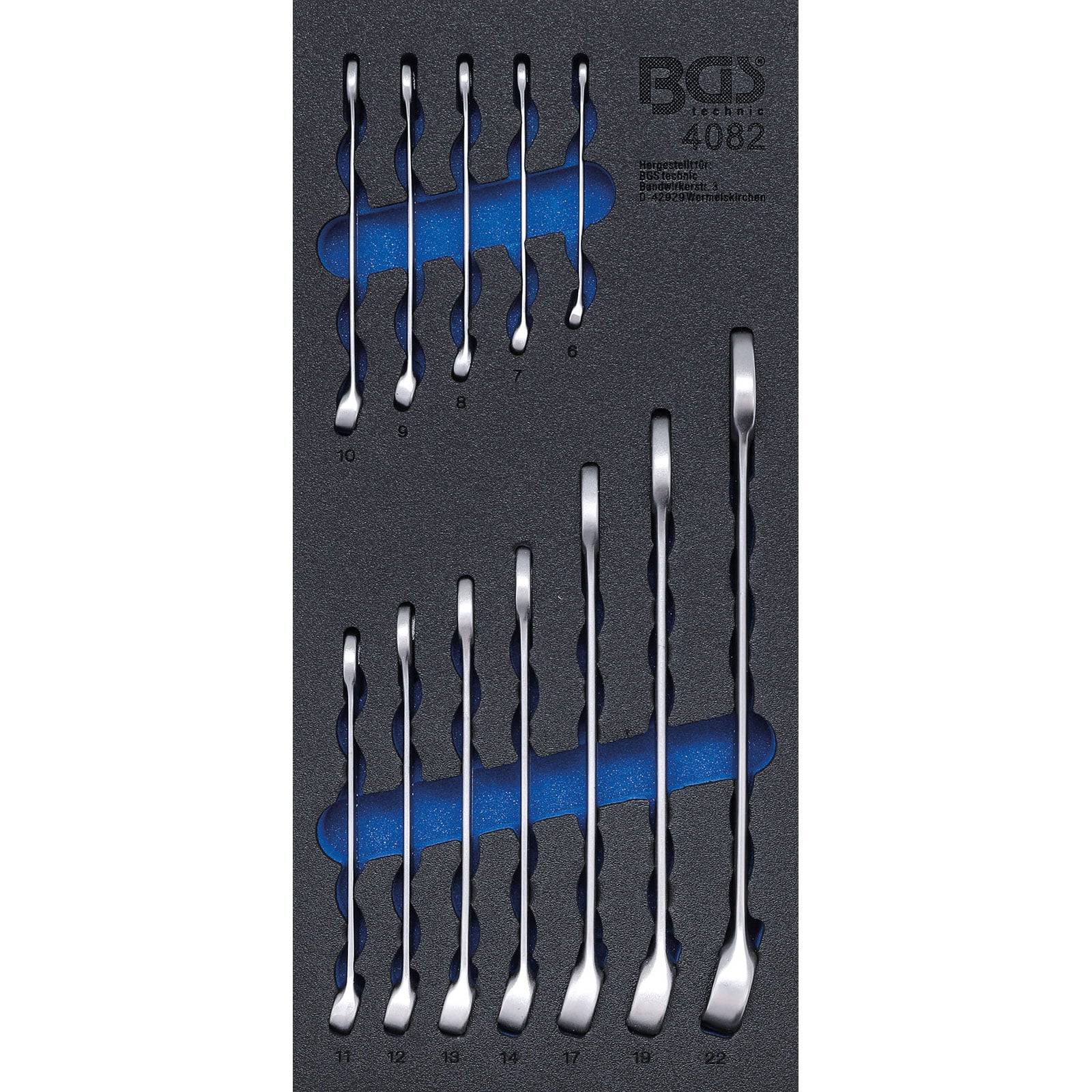 Ein Satz von zwölf Doppelringschlüsseln in einer Schaumstoffeinlage. Die Größen reichen von 6 bis 19, in Paaren angeordnet, auf einem blau-schwarzen Hintergrund präsentiert.