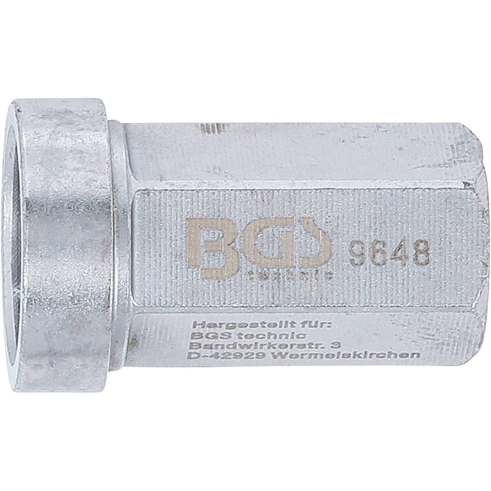 BGS technic 9648 Zündkerzenschlüssel mit sechseckiger Form und eingraviertem Text, verwendet für Fahrzeugwartung und -reparatur.