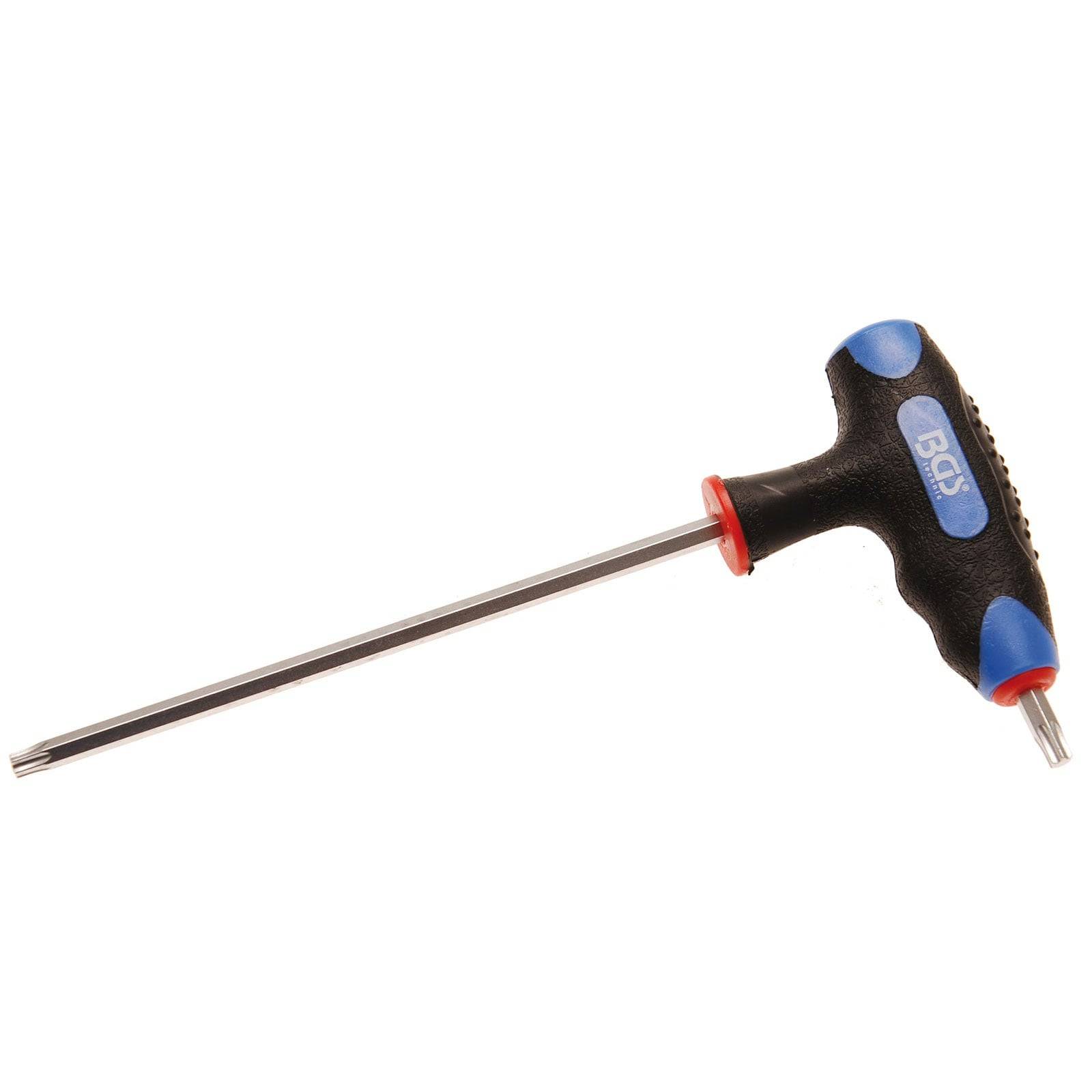 Schraubendreher mit T-Griff mit einer langen Metallachse und einem schwarzen und blauen Kunststoffgriff. Das Werkzeug ist entwickelt, um Schrauben mühelos zu drehen.