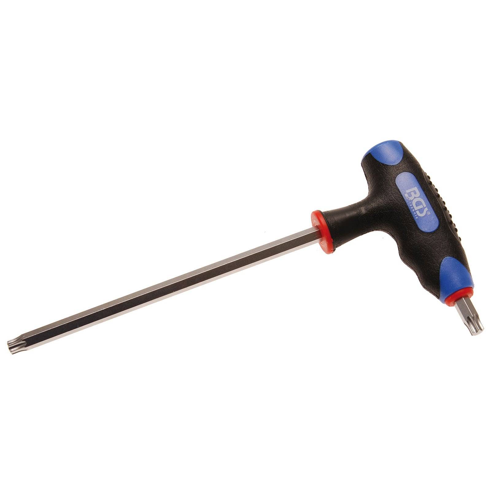 T-förmiger Torx-Schraubendreher mit schwarzem Griff und blauen Akzenten, ausgestattet mit einer langen Metallschaftung und einer sternförmigen Spitze.
