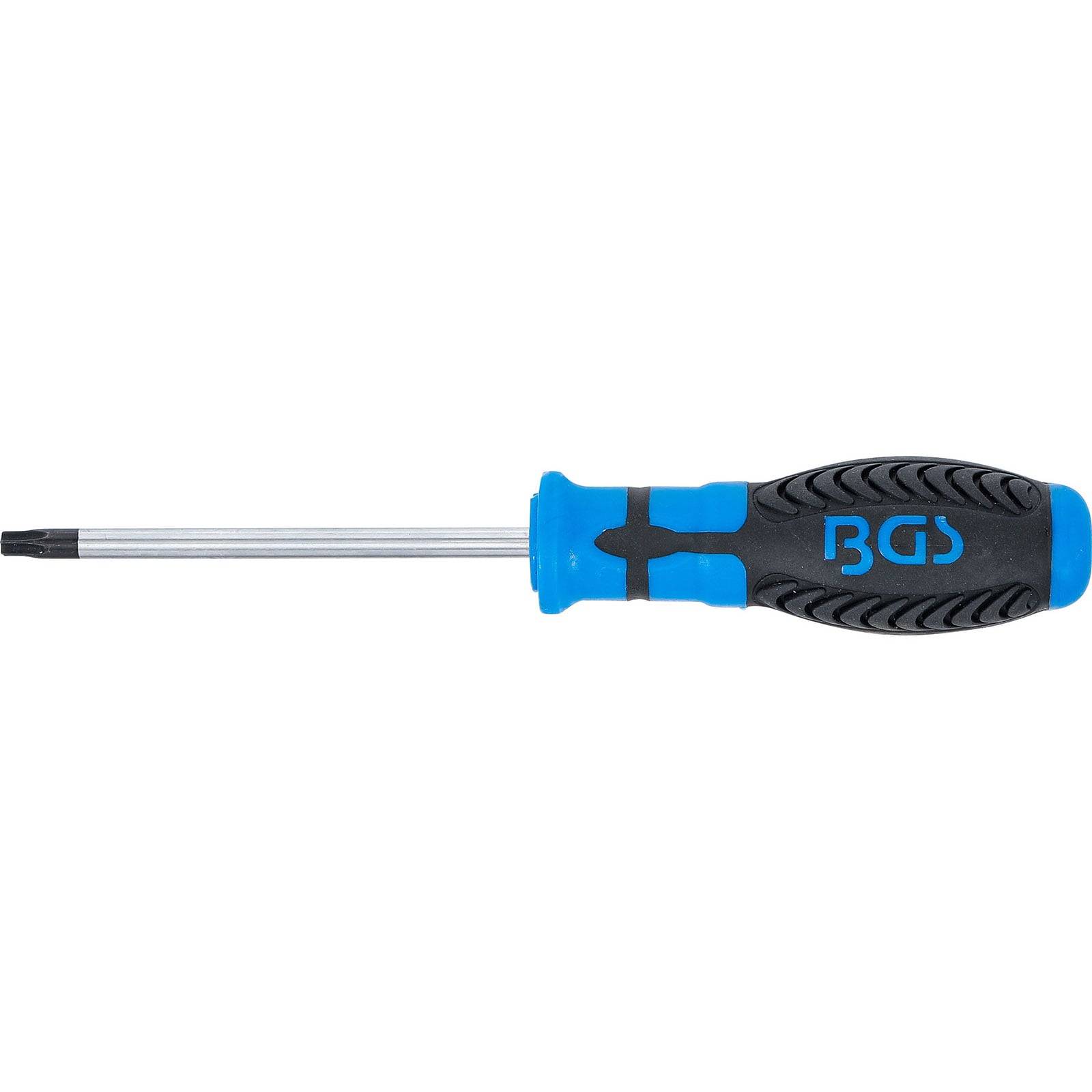 Torx-Schraubendreher mit einem blau und schwarz ergonomischen Griff, gekennzeichnet mit dem BGS-Logo, verwendet zum Anziehen oder Lösen von Torx-Schrauben.