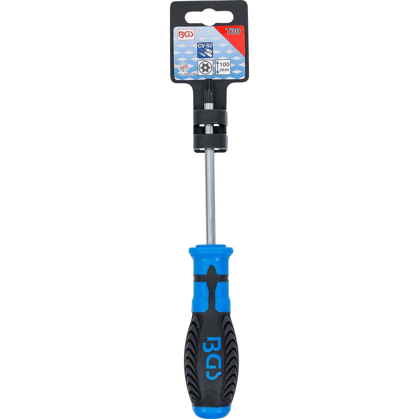 Schraubendreher mit schwarzem und blauem Griff, ausgestattet mit einem abnehmbaren Vierkantbit und einem Metallschaft. Etikett zeigt Marke und Spezifikationen.