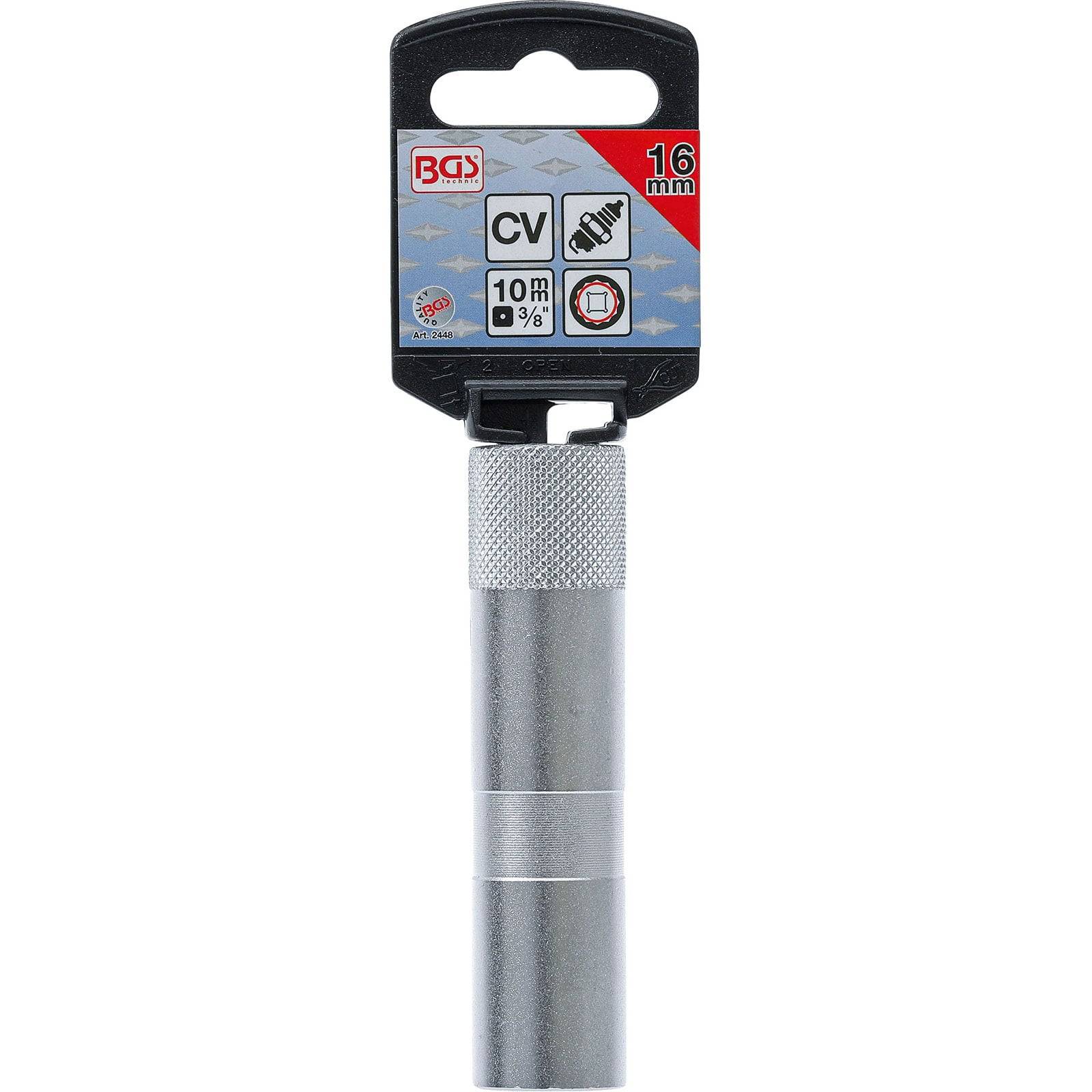 BGS 16-mm-Zündkerzenschlüssel mit geripptem Griff, 10-mm-Schaft; Verpackung zeigt BGS-Logo und Produktdetails.