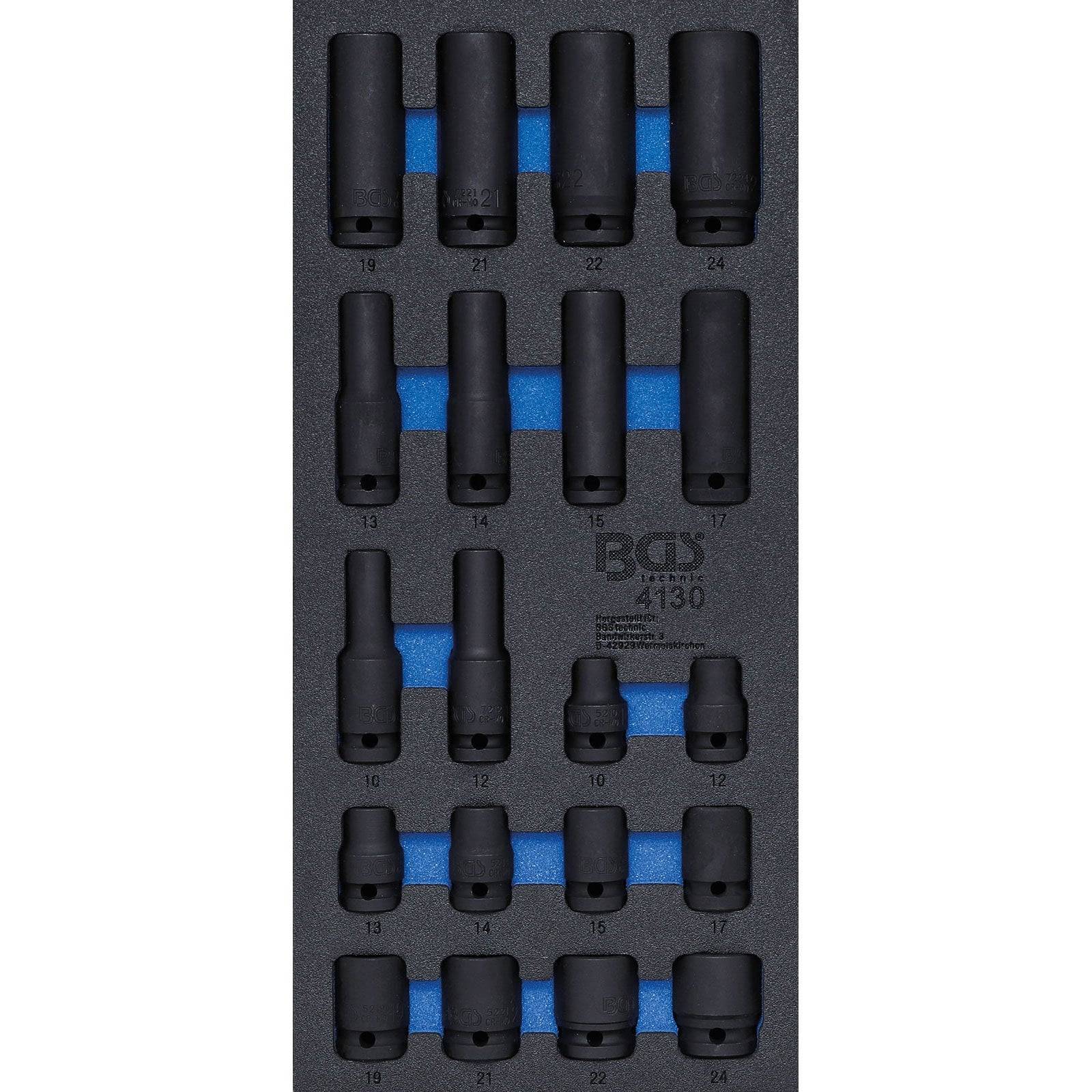 Ein Satz BGS-Schlagschraubereinsätze in einem Schaumstoff-Organizer, beschriftet mit Größen von 8 bis 22.