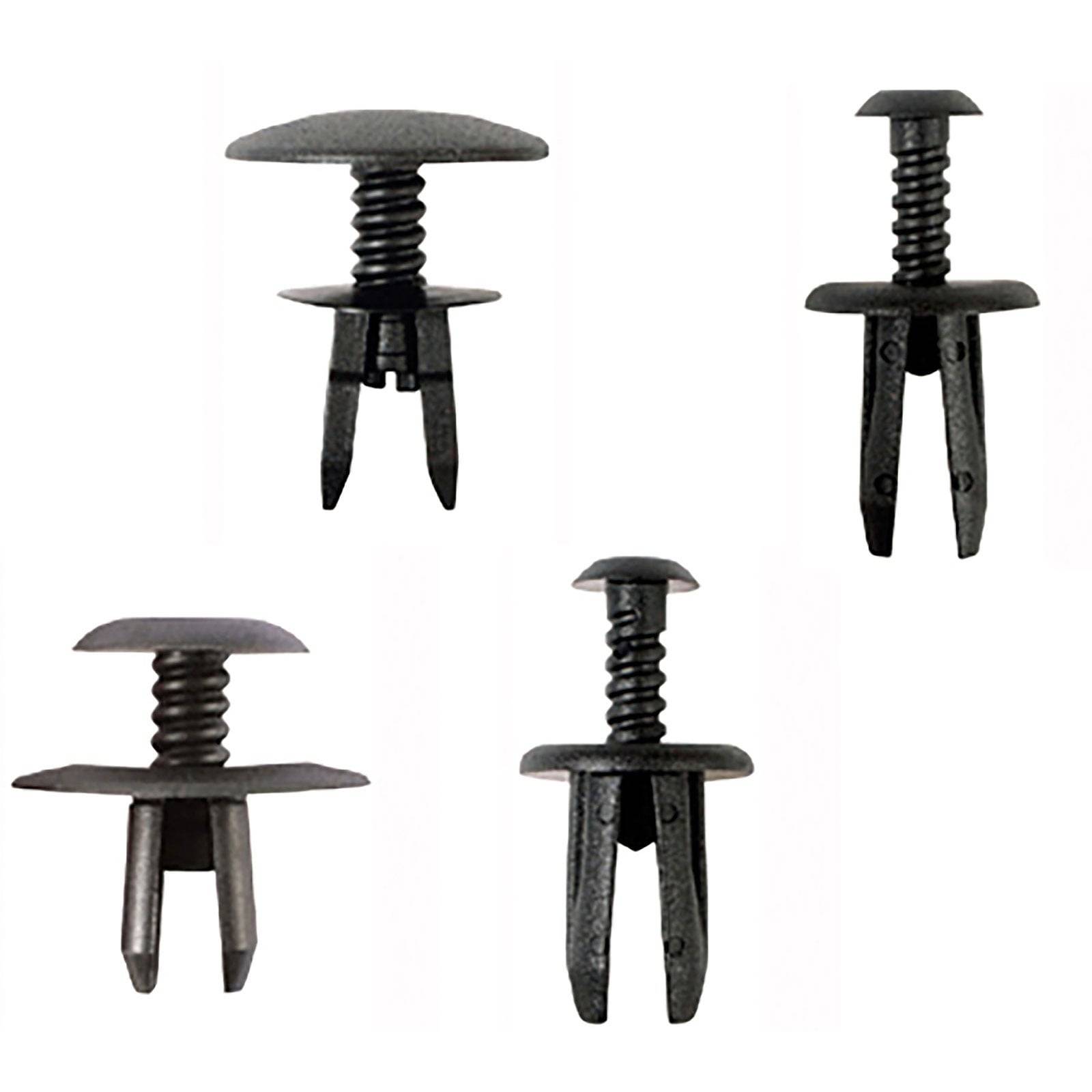 Vier schwarze Kunststoff-Panelclips verschiedener Größen mit Federmechanismen, die zum Befestigen von Paneelen in Automobilumgebungen verwendet werden.