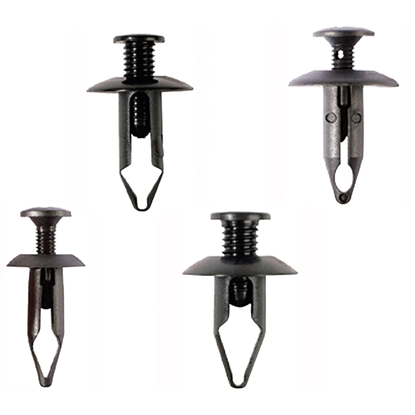 Vier schwarze Kunststoff-Drucknieten unterschiedlicher Größen, die zum Befestigen von Fahrzeugpaneelen verwendet werden. Jede hat einen flachen, ausgebreiteten Kopf mit einer spitzen Spitze.