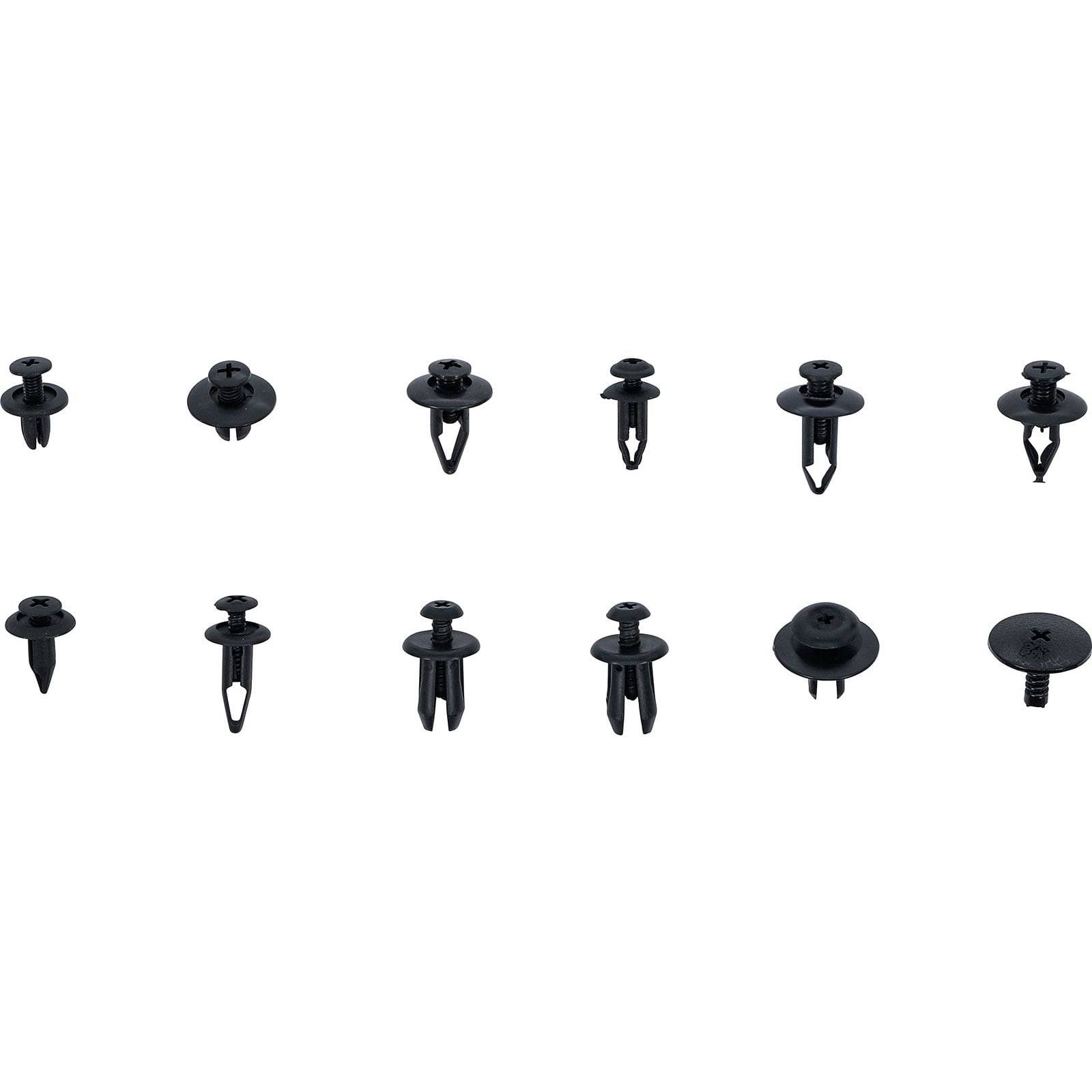 Ein schwarzes Automotive-Clip-Set, das in zwei Reihen präsentiert wird und verschiedene Formen und Typen zum Befestigen von Fahrzeugteilen zeigt.