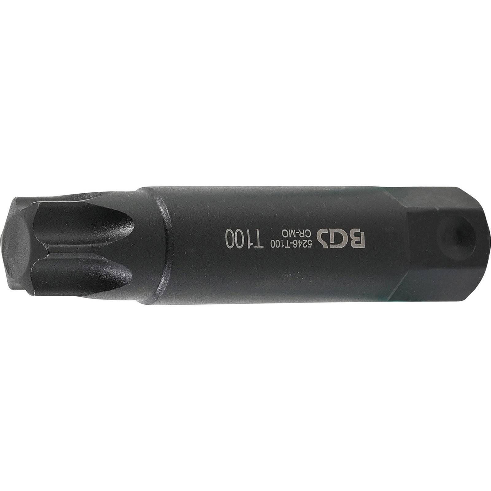 Torx-Bit-Einsatz mit sechseckiger Basis, beschriftet mit 'T100'. Entwickelt für den Einsatz in automotive oder mechanischen Anwendungen.
