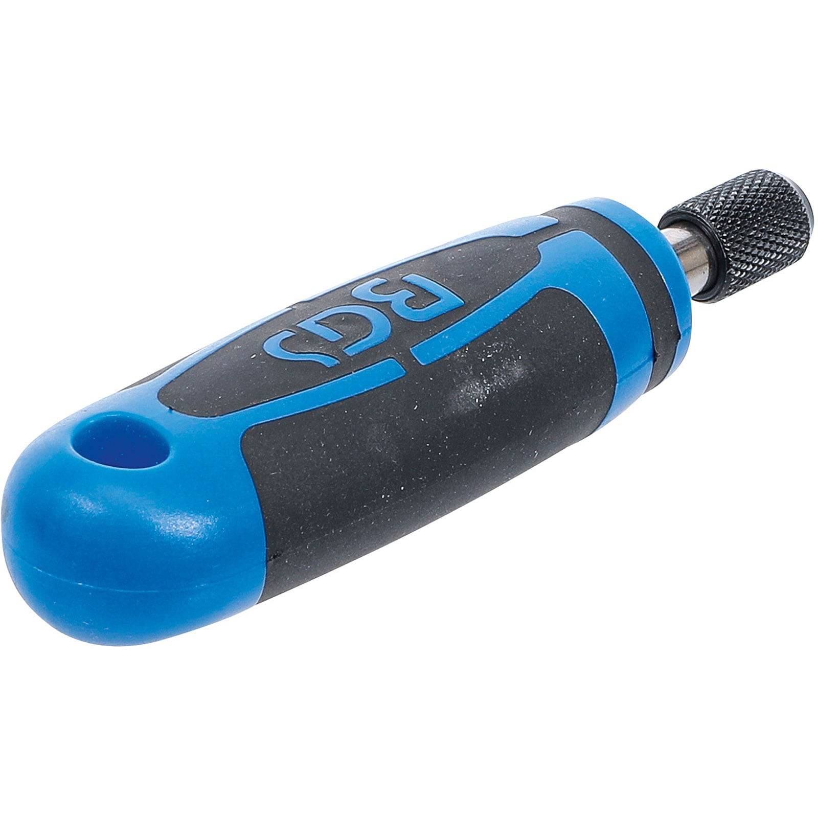 Ein blau-schwarzer Schraubendreher-Griff, ergonomisch für einen komfortablen Halt gestaltet, mit einer Metallspitze zum Befestigen von Schraubendreher-Bits.