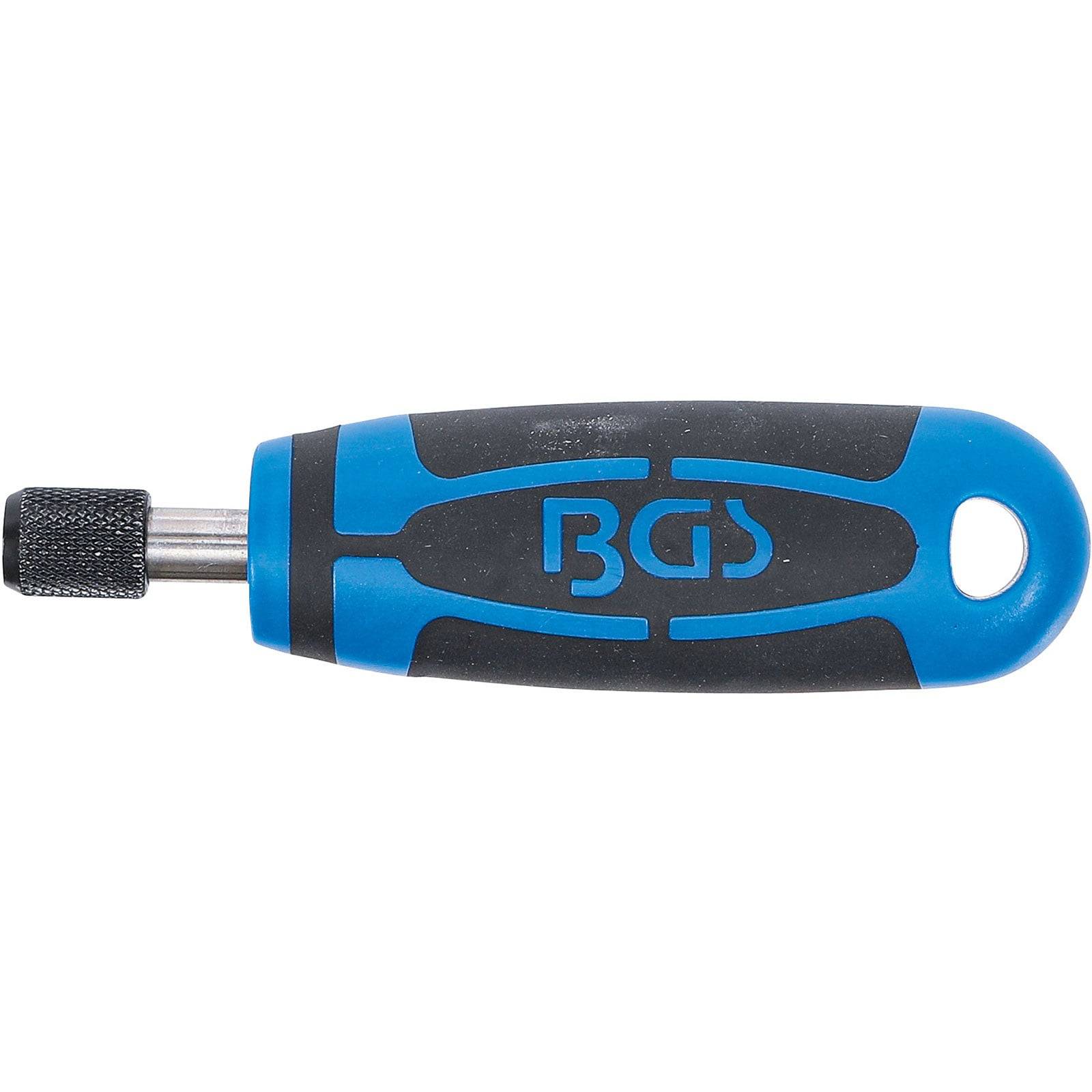 Ein blau-schwarzer Werkzeuggriff mit einer Metalspitze, markiert mit den Buchstaben „BGS