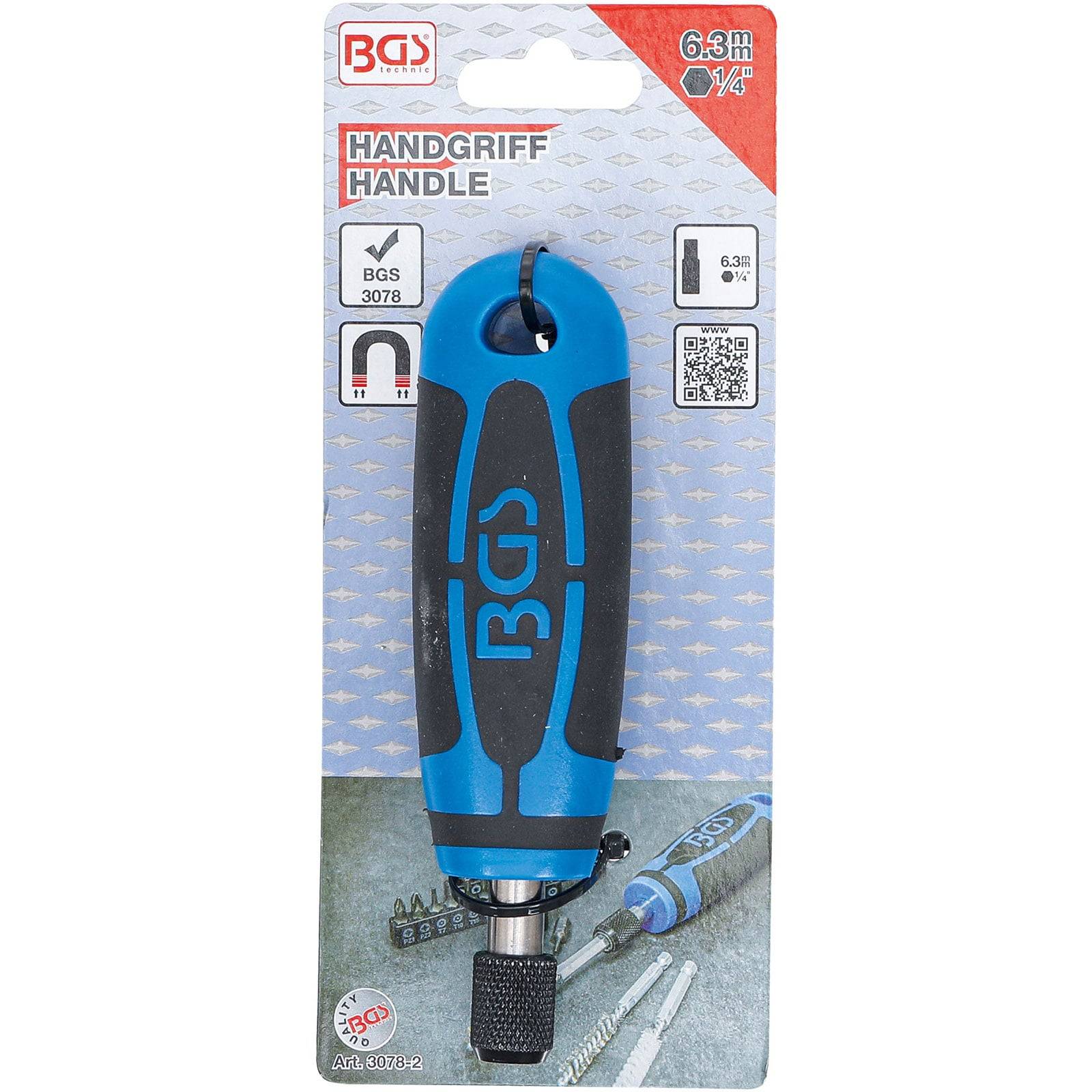 Verpackung für einen BGS 6,3 mm (1/4 Zoll) Handgriff mit blau-schwarzem Design, das ein Produktbild, Markenlogo und Funktionen zeigt.