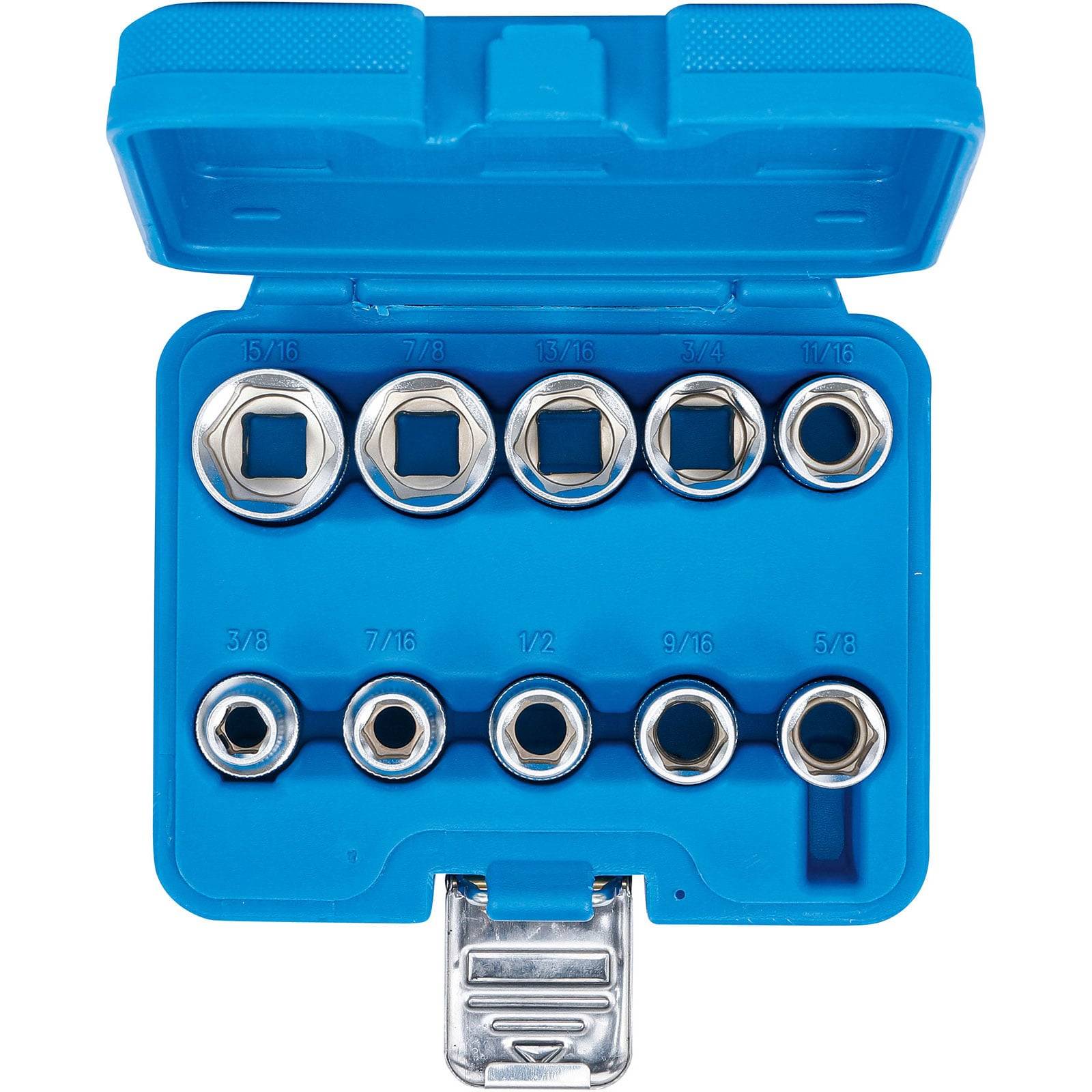 Ein blauer Kunststoffbehälter mit acht Metallsteckern verschiedener Größen, angeordnet in zwei Reihen, verwendet zum Anziehen oder Lockern von Muttern und Schraubenbolzen.