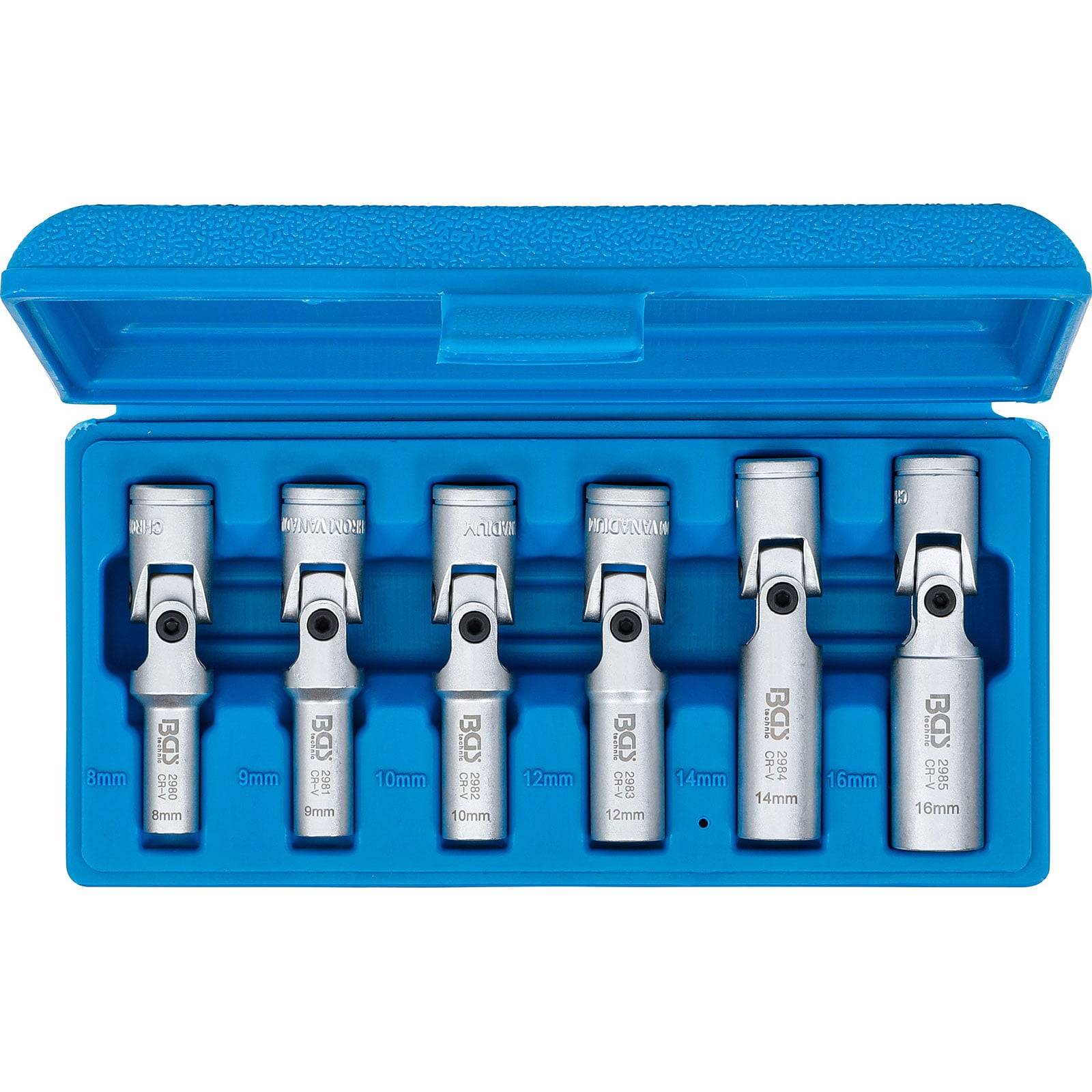 Ein Satz von sieben silbernen Kardangelenk-Steckschlüsseln in einer blauen Kunststoffbox, mit Größenangaben von 8 mm bis 16 mm beschriftet.