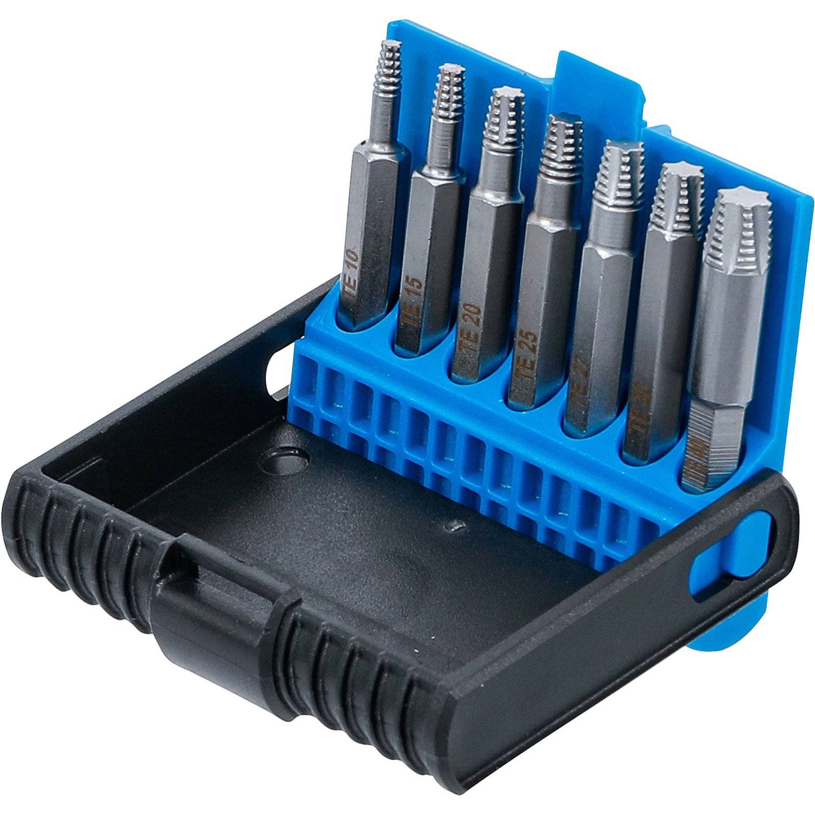 Ein blauer Kunststoff-Organizer enthält einen Satz von acht Metallbolzenausbrechern unterschiedlicher Größen, die typischerweise zum Entfernen von gebrochenen Bolzen verwendet werden.