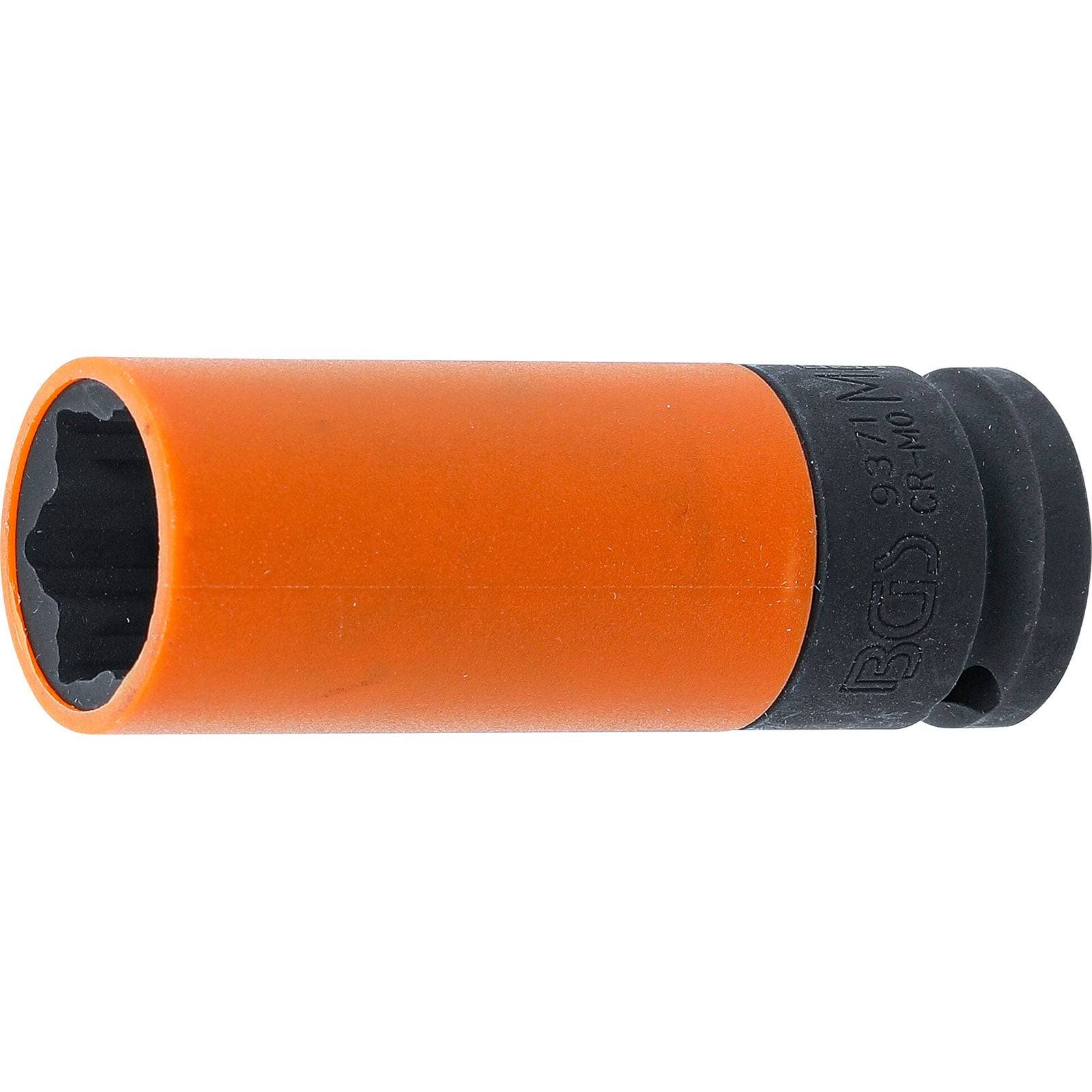 Eine Sechskantaufnahme mit orangefarbener Beschichtung und schwarzer Basis, versehen mit Größenmarkierungen an der Seite, entwickelt zum Anziehen oder Lösen von Muttern und Schrauben.