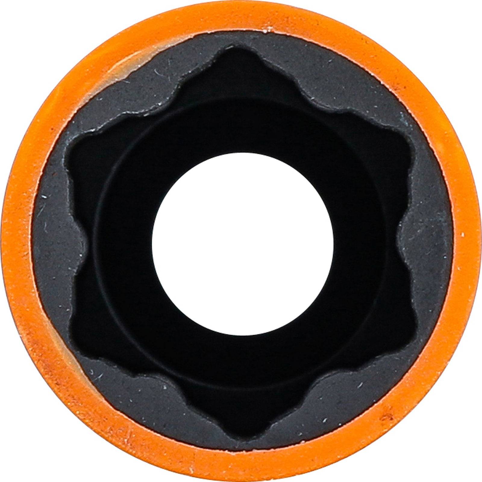 Ein Nahaufnahme eines schwarzen Zahnrads oder einer Kettenrad, eingefasst in einen orangefarbenen Ring, von oben betrachtet, wobei seine kreisförmige Gestalt und innere Zähne sichtbar sind.