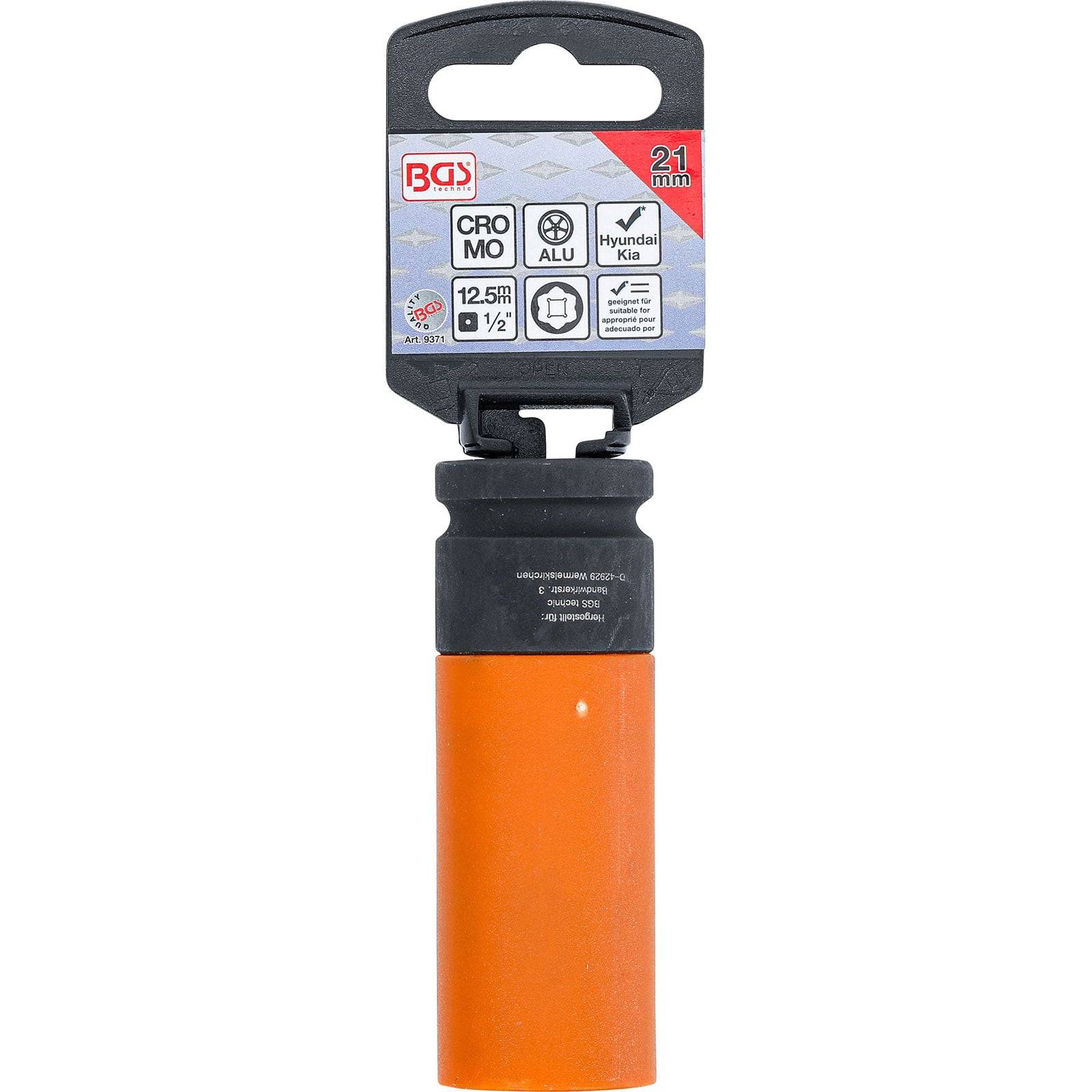 Orangefarbene Werkzeug-Stecknuss mit einem schwarzen Etikett, die die Größe '21 mm' aufweist. Die Verpackung enthält Kompatibilitätssymbole für 'Hyundai' und 'Kia'.