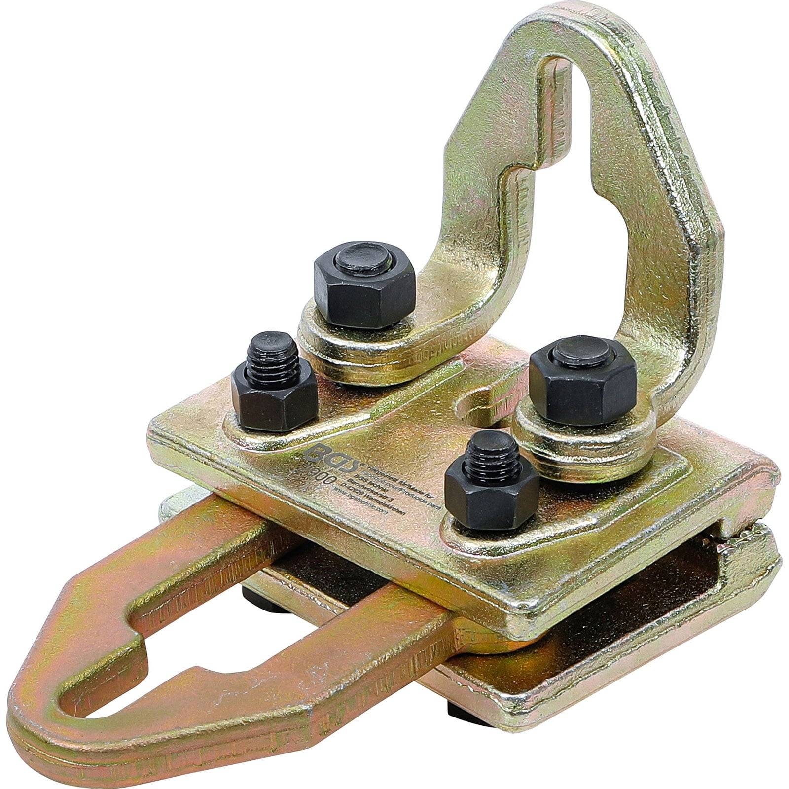 Eine Metallklemme mit zwei Befestigungsbolzen und U-förmigem Haken für schwere Hebungs- und Befestigungsaufgaben.