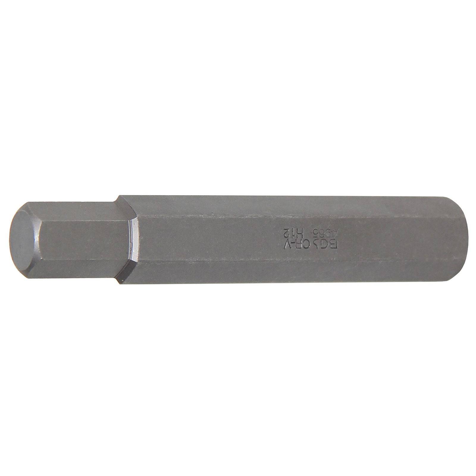 Ein Sechskant-Einsatz, konzipiert zum Einsetzen in Sechskantschrauben oder -bolzen, in einer Seitenansicht mit gravierten Beschriftungen auf seiner Oberfläche.