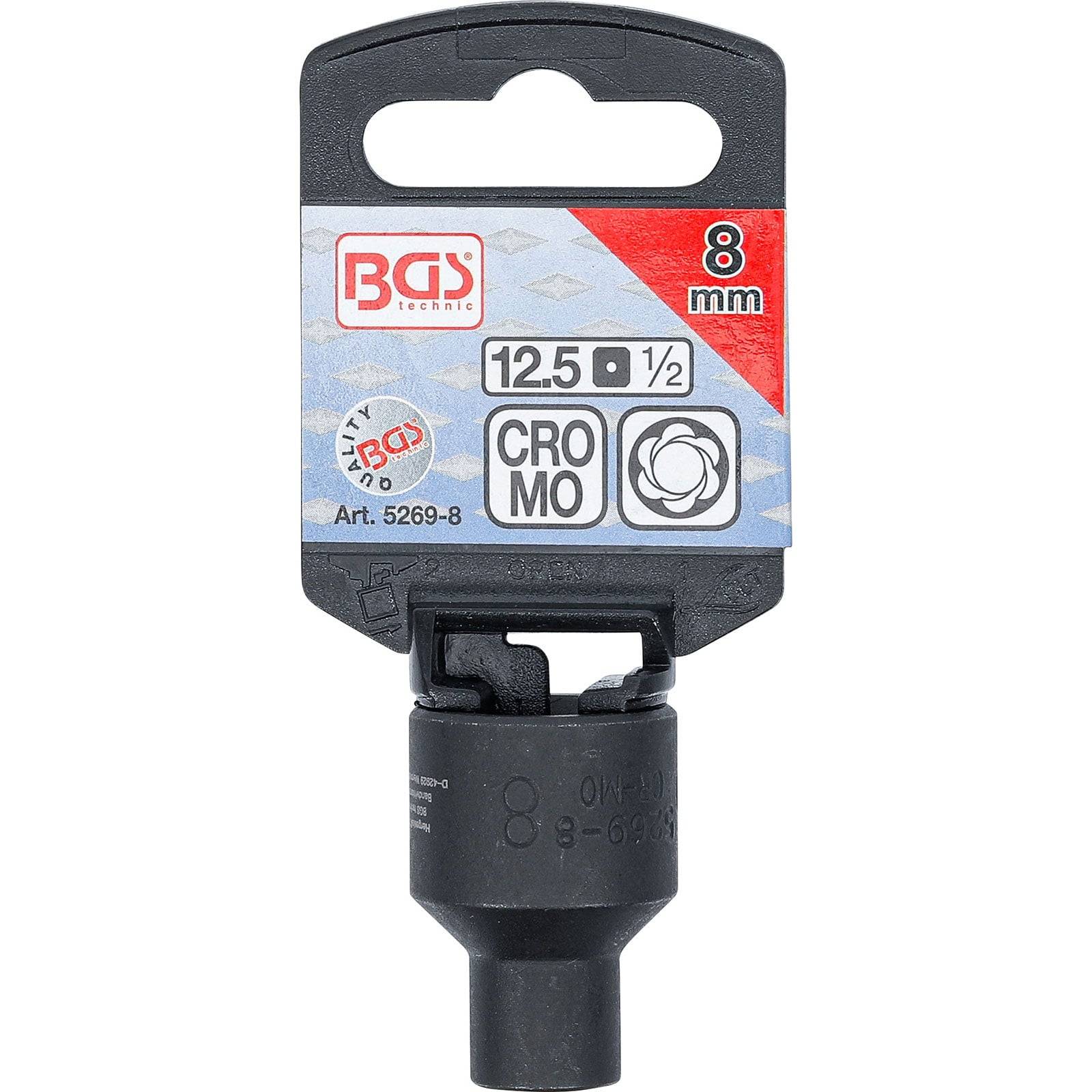 Ein schwarzer 8-mm-Steckschlüssel-Aufsatz mit Kardangelenk, mit den Aufschriften '12.5 1/2' und 'CRO MO', auf einer Verpackung, die den Markennamen und die technischen Daten zeigt.