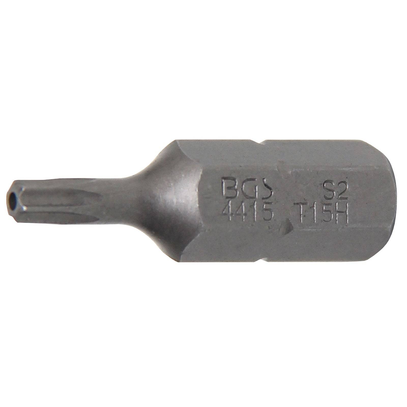 Torx-Bit mit der Aufschrift 'BGS 415 T15H', aus Stahl, sechseckige Basis, verwendet für sternförmige Schraubenköpfe, vor weißem Hintergrund isoliert.