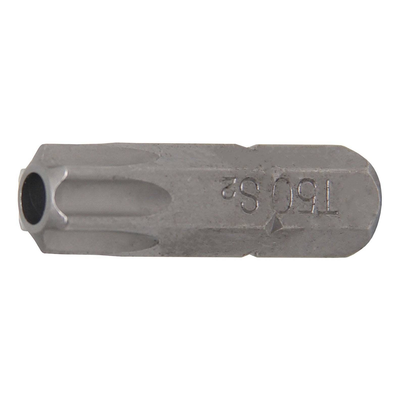 Ein Torx T50 Schraubendreher-Bit, das auf weißem Hintergrund gezeigt wird, mit der seitlichen Gravur 'T50 S2'.