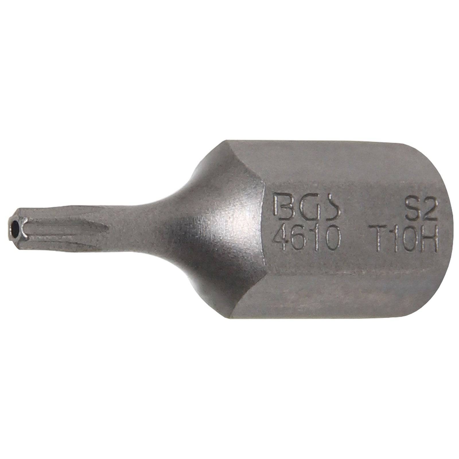 Ein metallischer Torx-Schraubenbit mit einem T10-Kopf, graviert mit 'BGS 4610 S2'.