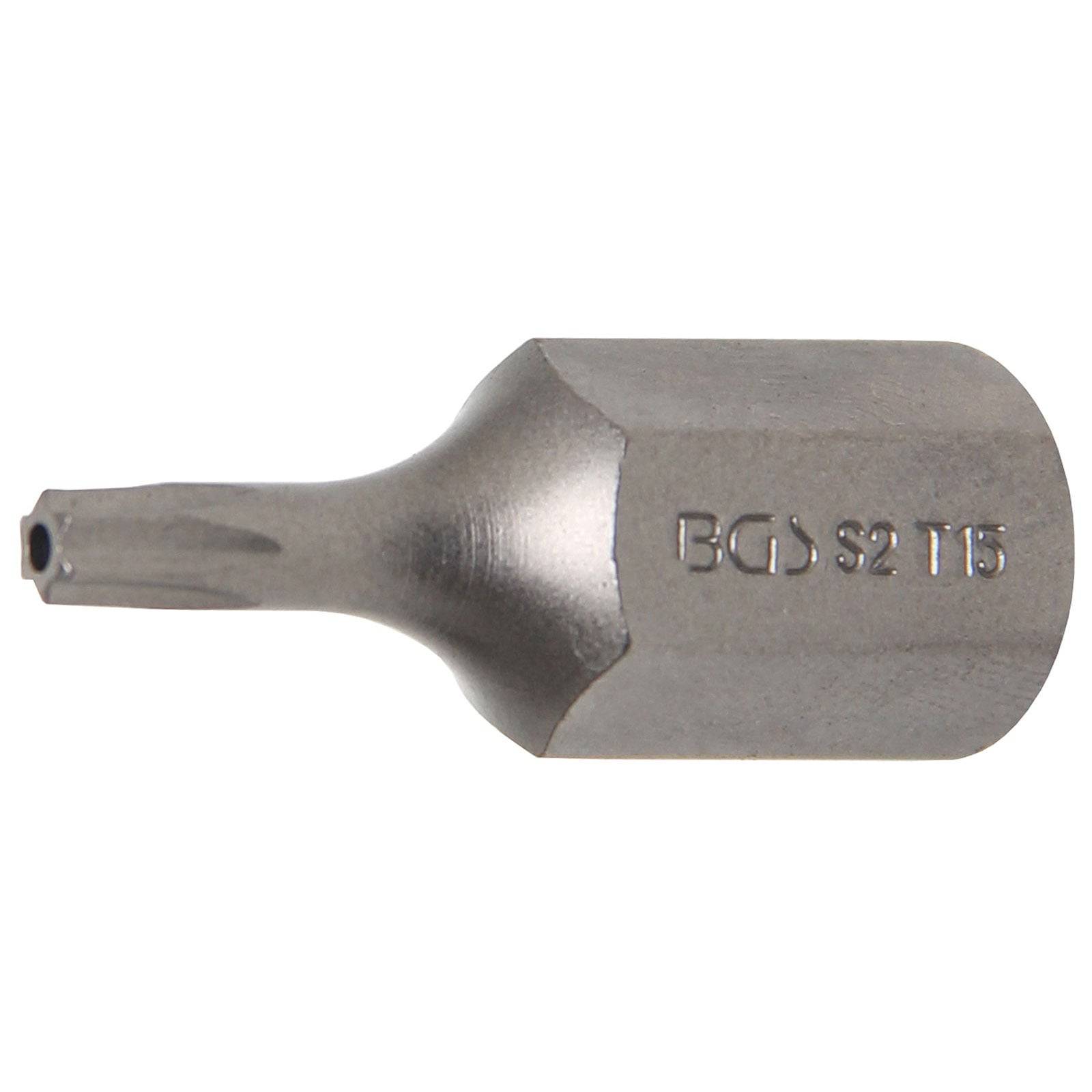 Ein Torx-Bit mit der Größe T15, aus Metall, beschriftet mit 'BGS S2 T15'.