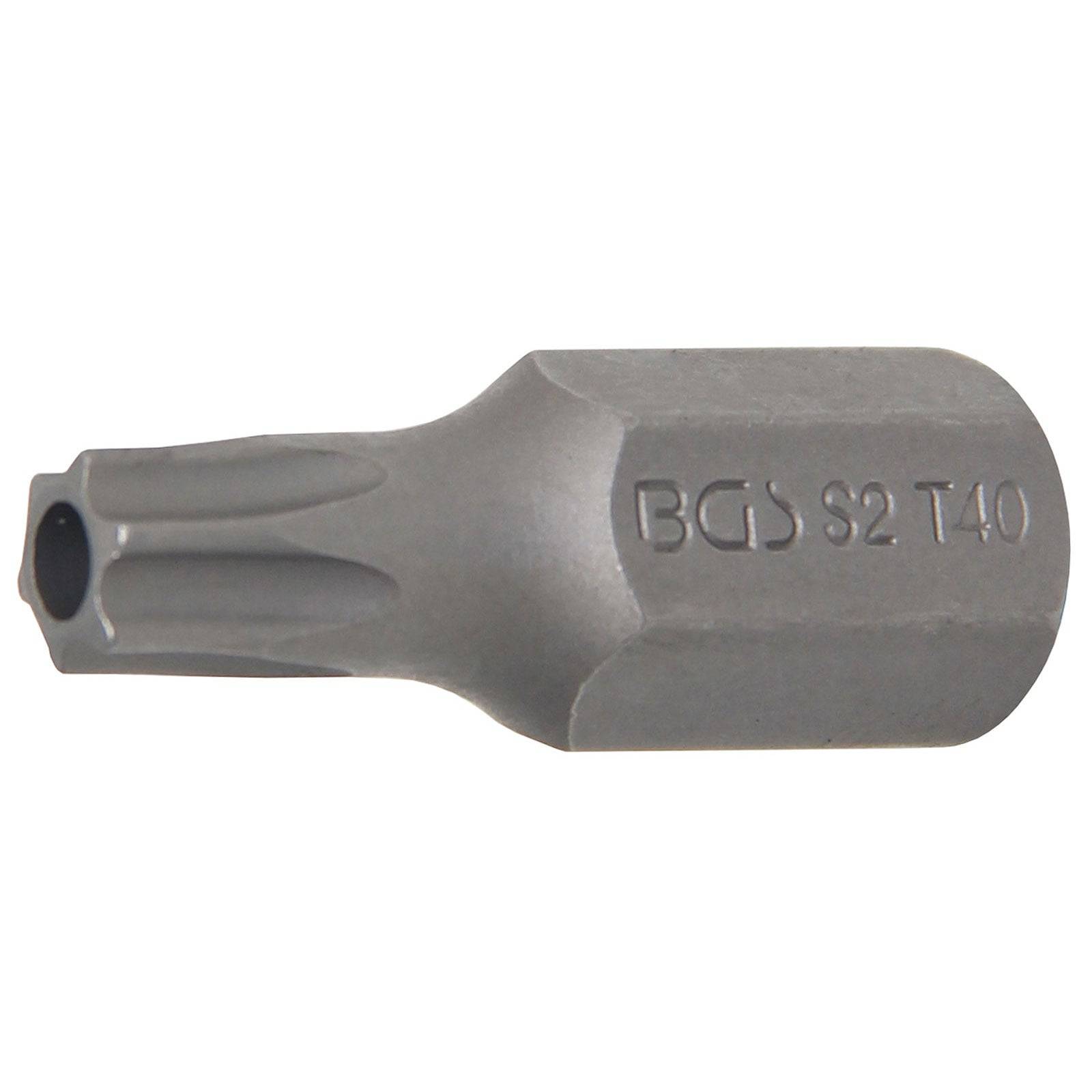 Ein Metall-Torx-Bit mit der Bezeichnung 'BGS S2 T40', der für den Einsatz in Schraubendrehern und Bohrmaschinen entwickelt wurde und ein sternförmiges Ende zum Anziehen von Schrauben aufweist.