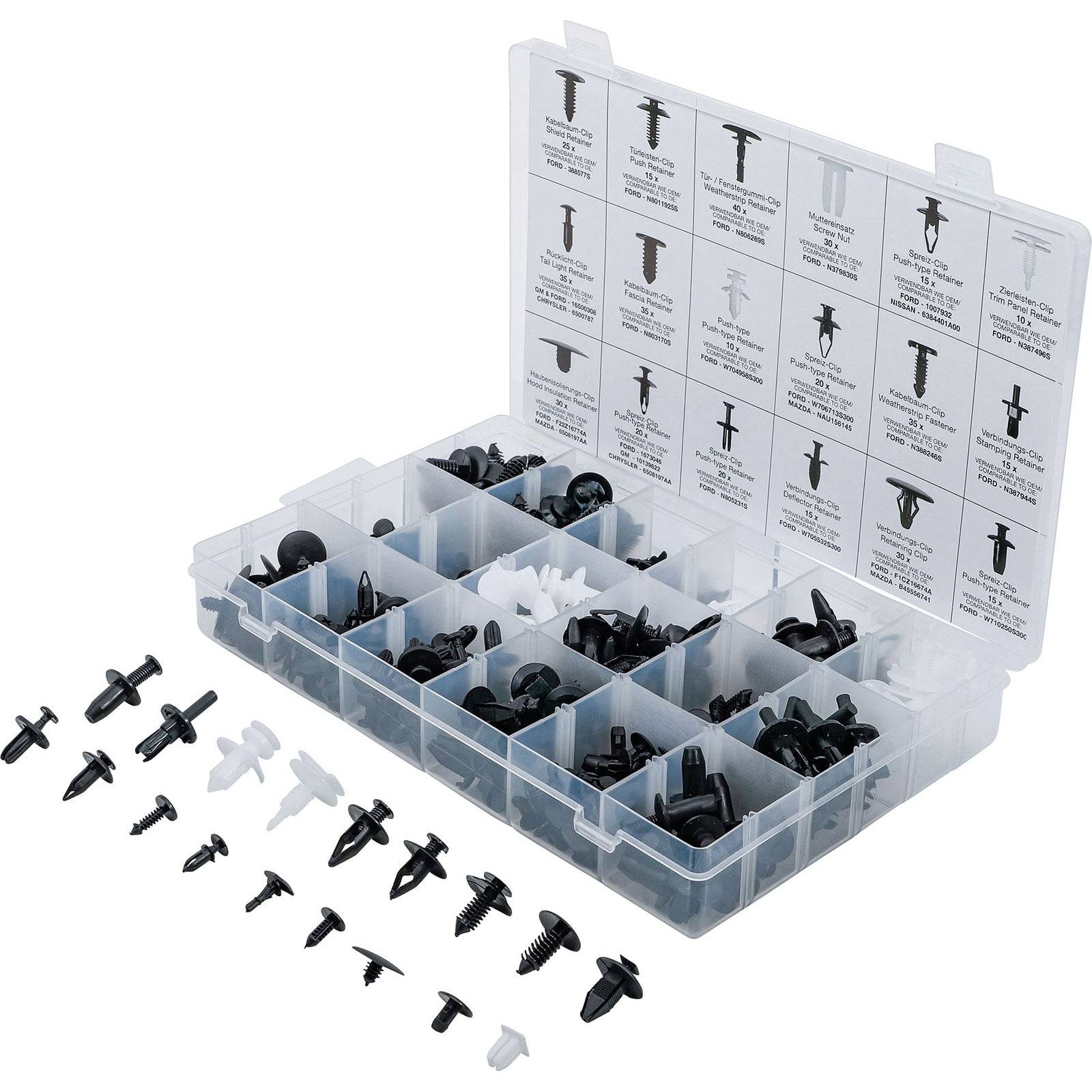 Eine Kunststoff-Aufbewahrungsbox mit Fächern, gefüllt mit verschiedenen schwarzen und weißen Fahrzeugbefestigungen, Clips und Nieten.