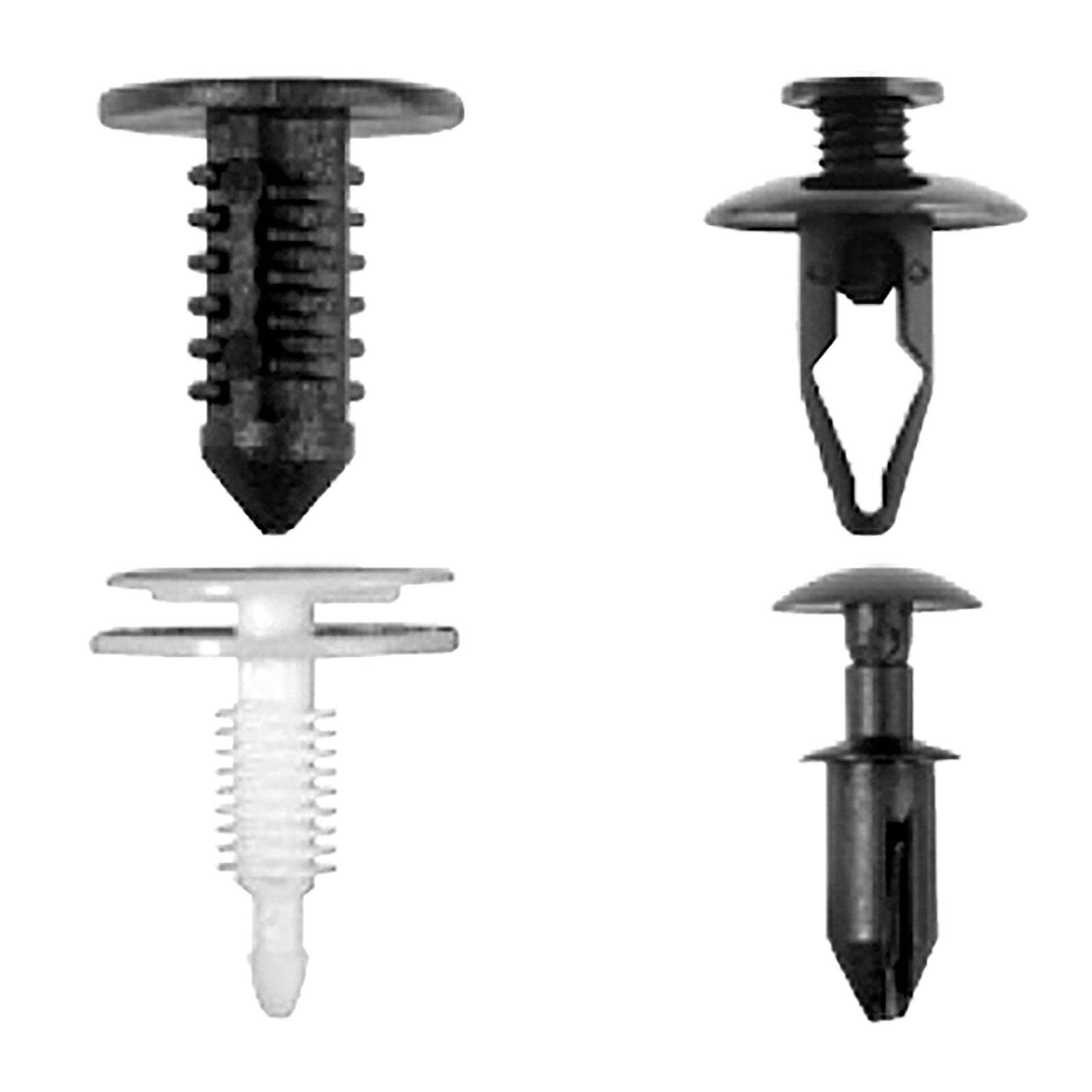 Vier Arten von Automotive-Kunststoffnieten in Schwarz und Weiß, jede mit einzigartigen Befestigungsdesigns und Mechanismen.