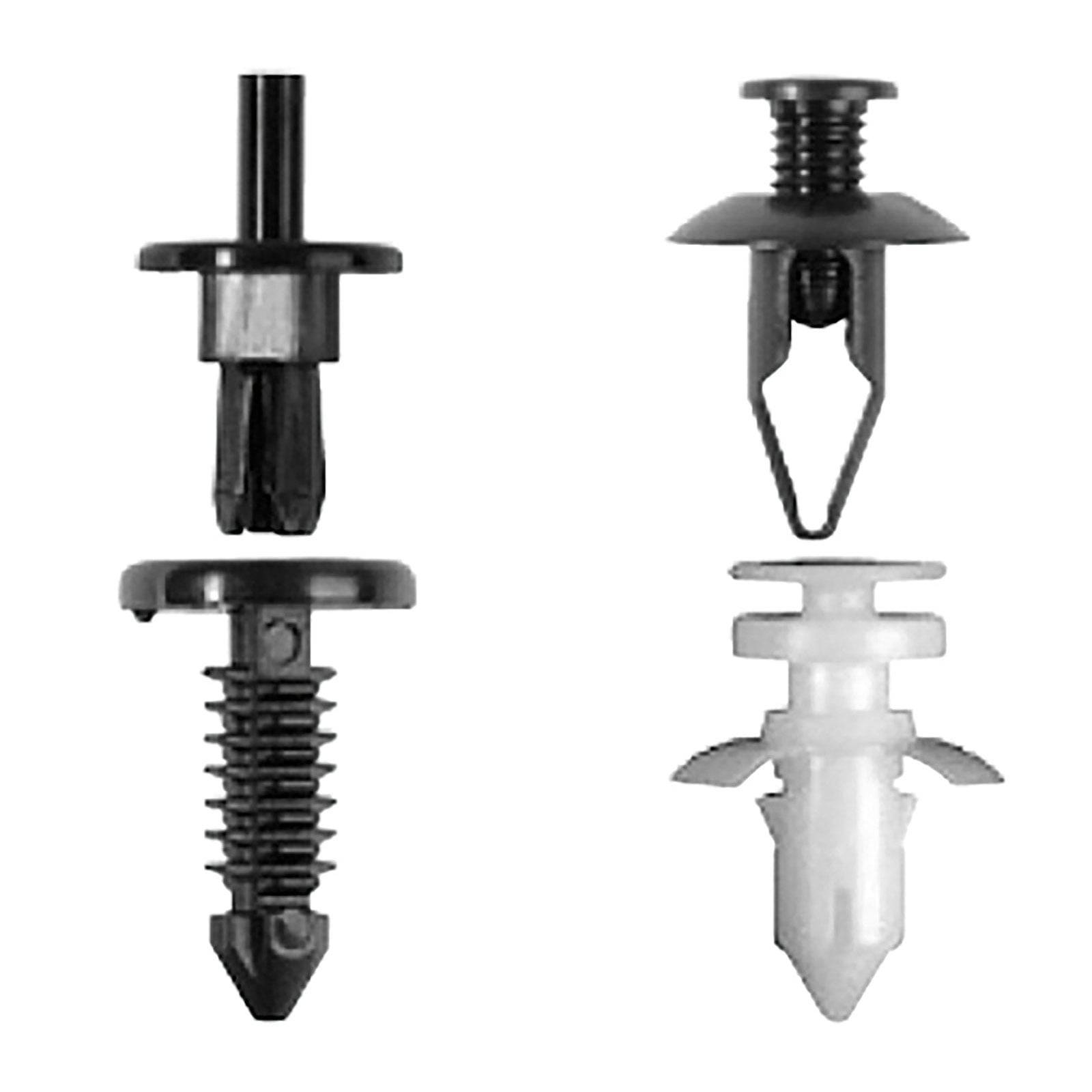 Vier Drucknieten: zwei schwarze mit gezahnten Schäften links, eine schwarze Spreizniete und eine weiße Spreizniete rechts.