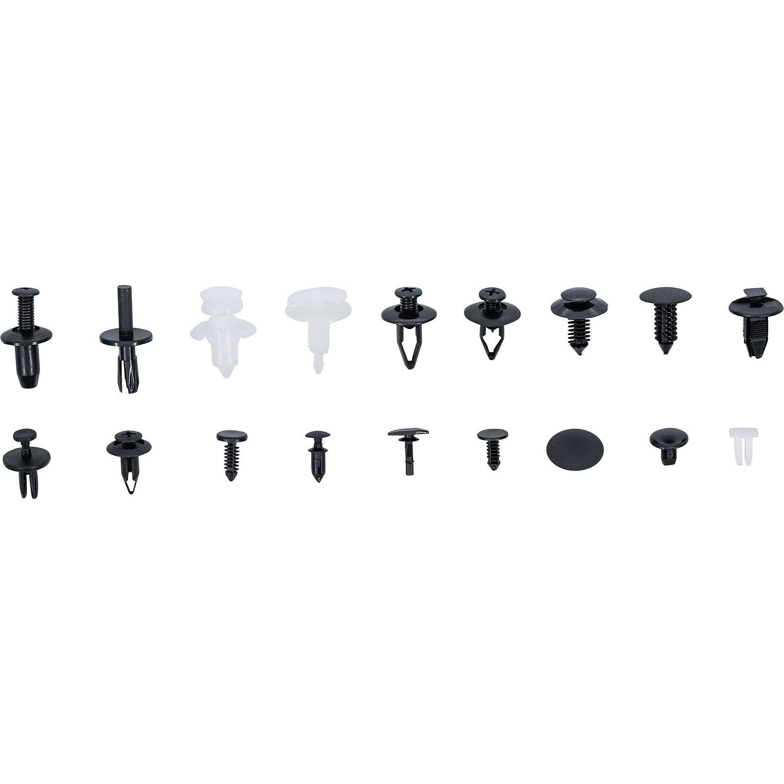 Verschiedene schwarze Kunststoff-Automotive-Befestigungselemente und Clips in unterschiedlichen Formen und Größen, in einer Reihe auf einem einfarbigen Hintergrund angeordnet.