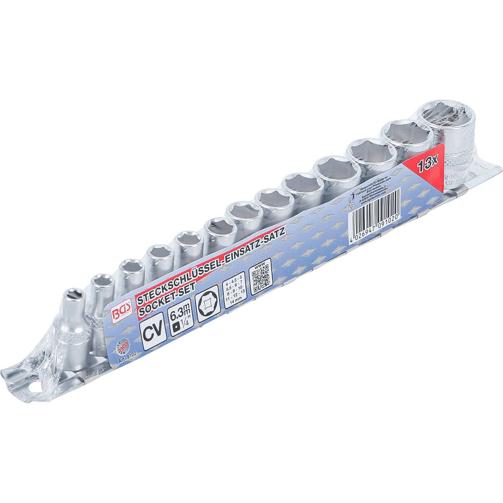 Ein Satz von 13 Metallstecknüssen auf einem beschrifteten Kunststoffständer mit Größenindikatoren und Markenangaben für CV 6,3mm.