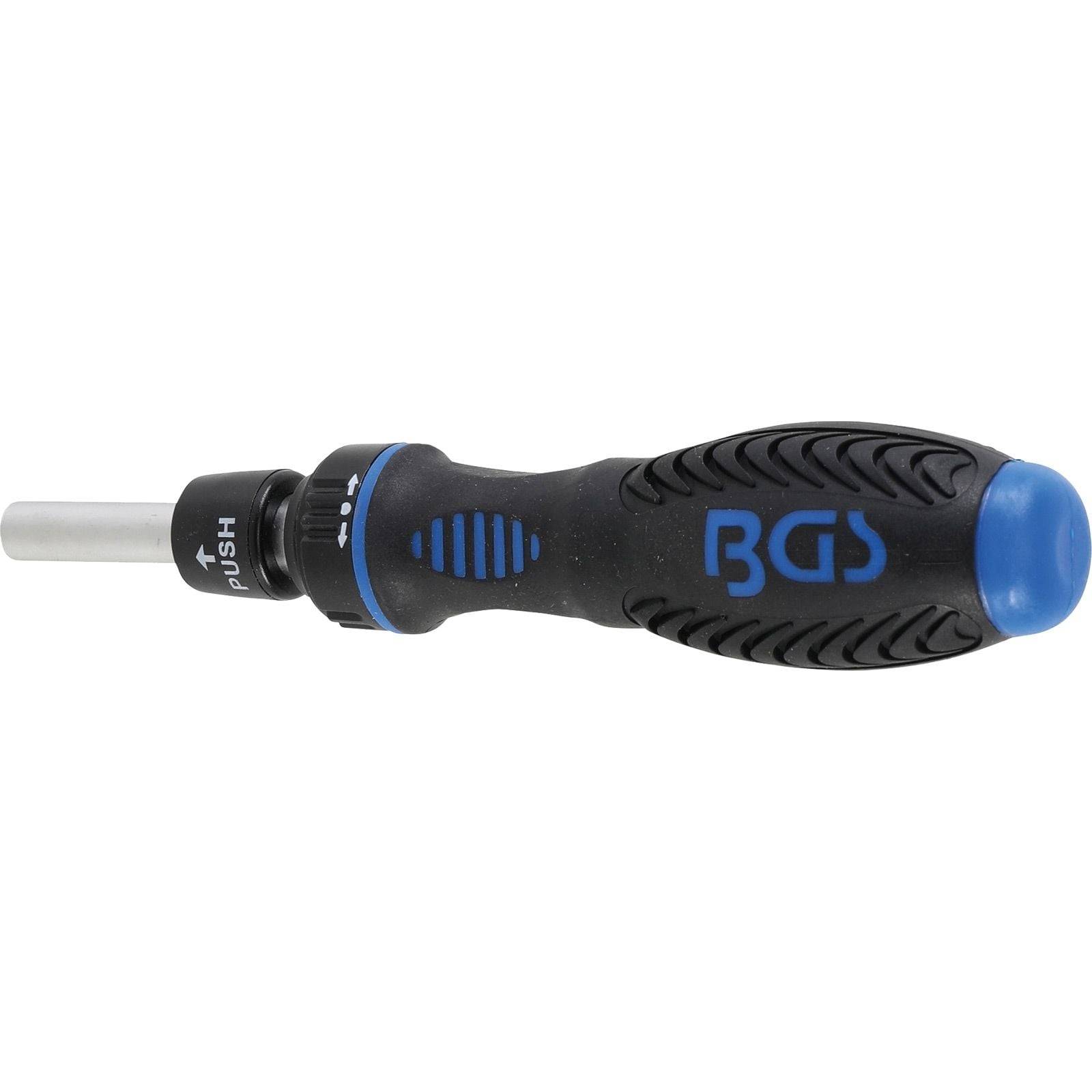 Ein schwarzer und blauer Ratschenschraubendreher mit ergonomischem Griff und 'BGS' Logo auf dem Griff. Das Werkzeug verfügt über eine Druckmechanismus-Funktion.