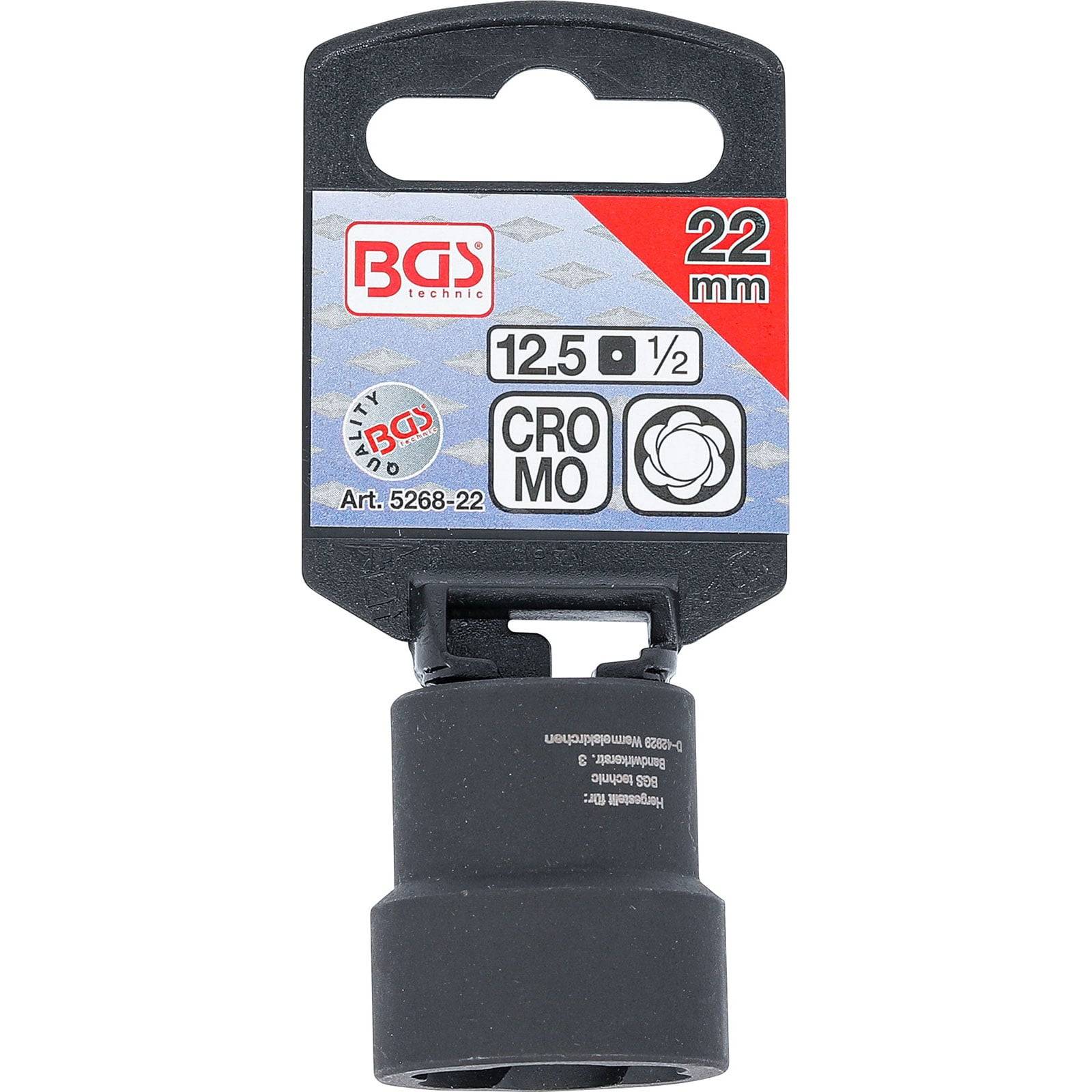Schwarzer 22-mm-Stecknuss mit Vierkantantrieb. Verpackung zeigt das 'BGS technic'-Logo, Größe 12,5 mm (1/2 Zoll) und Metalltyp 'CROMO'.