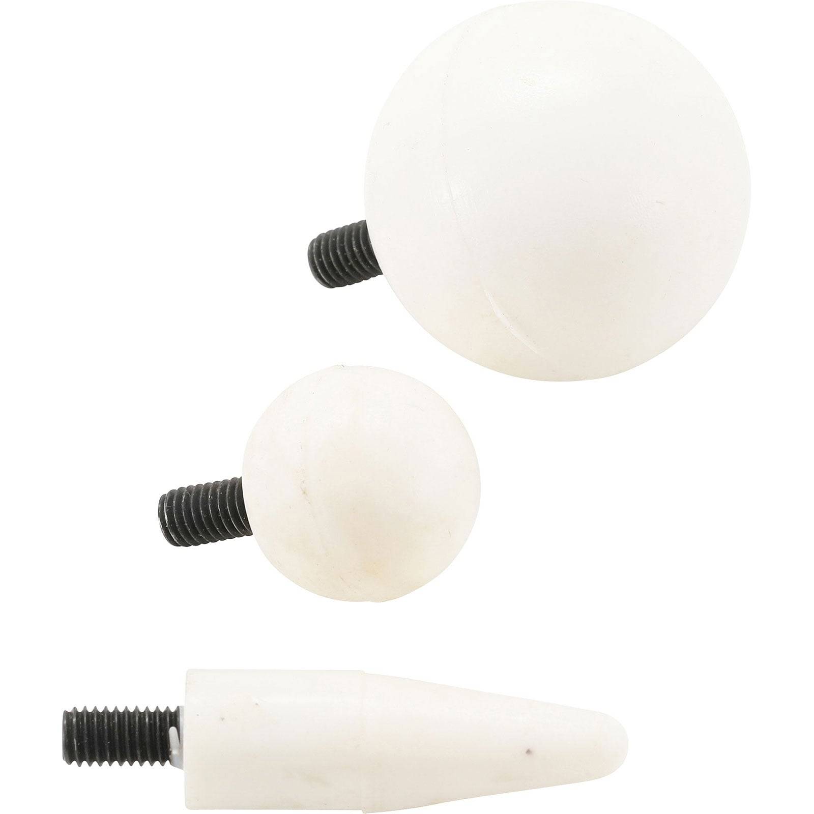 Drei weiße, runde, gewindete Knöpfe in unterschiedlichen Größen und eine konische Spitze, die zur Befestigung an Maschinen oder Ausrüstung verwendet werden.
