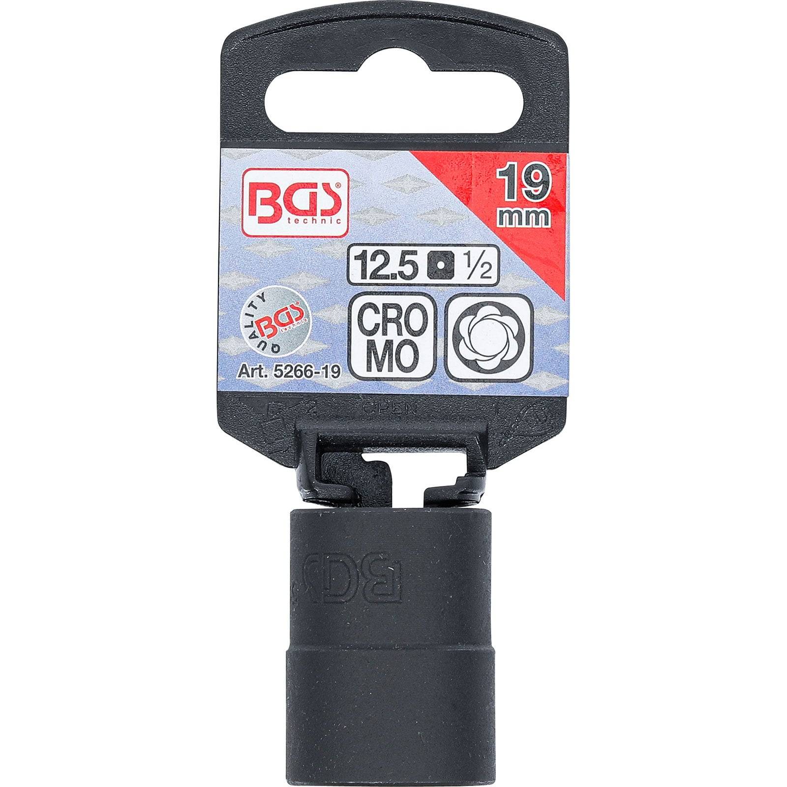 BGS-Marke 19 mm Steckschlüssel mit Aufhänger dargestellt. ‚Art. 5266-19' angegeben. Symbole umfassen ‚12.5 - 1/2' Antriebsgröße und Material ‚CROMO'.