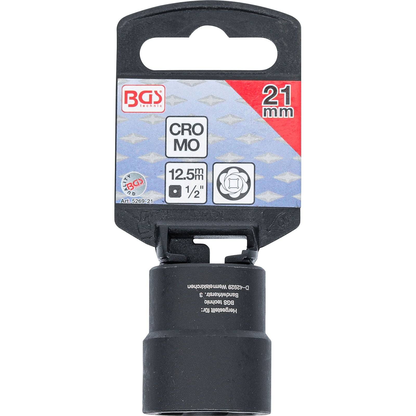 Ein 'BGS Technic' 21mm Steckschlüssel, gekennzeichnet mit 'CROMO' und '12,5mm 1/2 Antrieb.' Für den Einsatz in der Automobilbranche entwickelt. Verpackung enthält QR-Code.